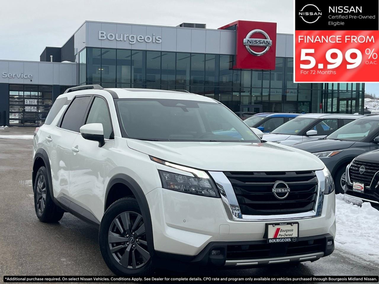 <p>The 2024 Nissan Pathfinder SV 4WD, with its stunning white exterior and robust 4x4 drivetrain, offers unparalleled handling in a range of road conditions. This SUV's design is complemented by stylish alloy wheels and a commanding presence that's perfect for family adventures or daily commutes.</p><p>Sit back in the black interior, embraced by a leather-wrapped and heated steering wheel, and experience the comfort of heated front seats. The Pathfinder SV's spacious cabin features intelligent design elements that cater to every passenger, ensuring superior comfort on every journey.</p><p>Packed with cutting-edge technology, the Pathfinder includes a user-friendly backup camera and a modern infotainment system supported by smart device integration and a Wi-Fi hotspot. Prioritize safety with features such as lane assist, adaptive cruise control, and brake assist. Stay confidently connected with Bluetooth and enjoy seamless convenience with the remote start and keyless entry.</p><p>Perfect for those seeking a stylish yet practical SUV equipped with modern conveniences and safety features, the 2024 Nissan Pathfinder SV is ready for any adventure. Don't miss your chance to own this incredible vehiclecontact our dealership today for more information.</p> <p><strong>Why Choose the Bourgeois Auto Group?</strong></p><p>For 80 years, Bourgeois Auto Group has been delivering exceptional automotive experiences. Our factor trained teams work to ensure you receive the shopping experience you deserve; whether you're looking for a new or new-to-you vehicle.</p><p>Shop 24/7 with our online showroom and chat service, ensuring convenience every step of the way. No hidden fees, full disclosure, and every pre-owned vehicle comes with a Carfax® report for peace of mind.</p><p>We offer a wide selection of pre-owned vehicles, all competitively priced using real-time market data. Get the best deal on your purchase and trade-in with our free Live Market Analysis report.</p><p>Looking to sell your car? We buy any make or modelno purchase required. Our simple to use online trade valuation tool will provide you with a clear, transparent selling experience whether you buy our car or not.</p><p>Backed by hundreds dedicated employees across 4 convenient locations, were here to meet all your automotive needs. Visit us in Midland or Parry Sound and explore our inventory or schedule your next service today.</p> <p><strong>Financing Your Next Vehicle with Bourgeois Midland Nissan:</strong></p><p>At Bourgeois Midland Nissan, we make financing your next vehicle simple and stress-free! Our team works with trusted lenders to find flexible options tailored to your budget. Drive away with confidenceapply today!</p><p>Take advantage of our online pre-qualification tool, backed by Equifax and TD Bank to find the payment that works for you. Simply <a href=https://www.bourgeoisnissan.com/pre-qualify-for-financing/ rel=nofollow><strong>CLICK HERE</strong></a> to use our secure online credit tool with no impact to your credit.</p>