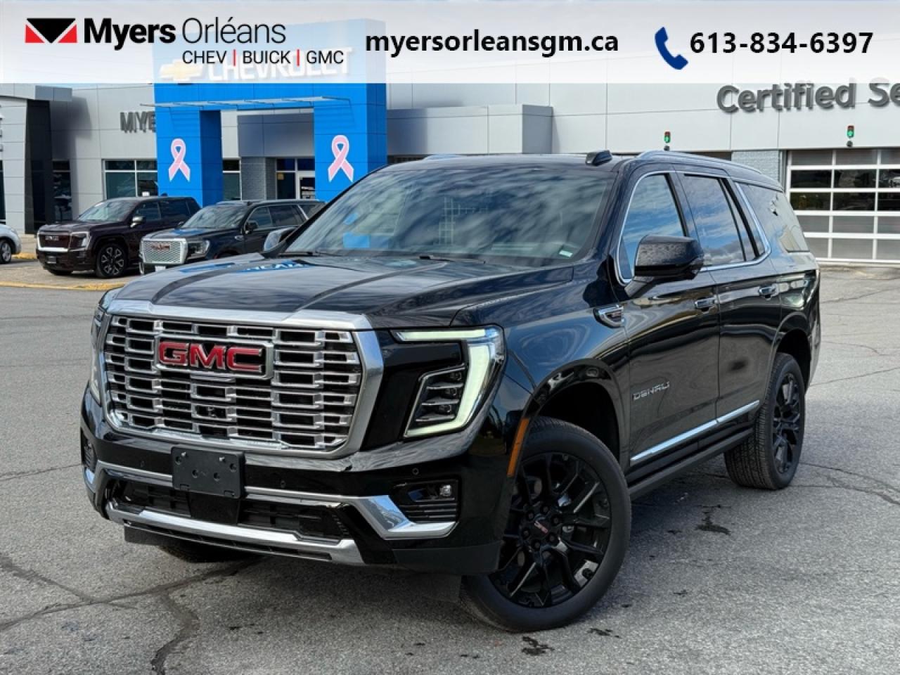 <b>HUD, Cooled Seats, Heated Steering Wheel, Wireless Charging, Remote Start, Adaptive Cruise Control, Power Liftgate, Lane Keep Assist, Blind Spot Detection</b><br> <br> <br> <br>For more than 80 years, the Myers Automotive Group has brought exceptional vehicles and world-class service to drivers in the Ottawa area. Myers Orleans Chevrolet Buick GMC is proud to serve Greater Ottawa, and to continue the tradition of excellence that the Myers name is known for. We are your trusted and professional choice since 1942!<br> <br>  Whether youre carrying passengers, hauling cargo, or all of the above, this GMC Yukon is highly capable and up to the task. <br> <br>This GMC Yukon is a traditional full-size SUV thats thoroughly modern. With its truck-based body-on-frame platform, its every bit as tough and capable as a full size pickup truck. The handsome exterior and well-appointed interior are what make this SUV a desirable family hauler. This GMC Yukon sits above the competition in tech, features and aesthetics while staying capable and comfortable enough to take the whole family and a camper along for the adventure. <br> <br> This Onyx Black SUV  has an Automatic transmission and is powered by a  420HP 6.2L 8 Cylinder Engine.<br> <br> Our Yukons trim level is Denali. This trim combines refinement, technology, and capability in a well-balanced package. A premium cabin offers perforated leather-appointed seating with heating and ventilation for the first two rows, a power-sliding center console, tri-zone climate control, wireless charging, and a 16.8-inch infotainment system with Google built-in, Bose 10-speaker surround audio, and 5G Wi-Fi hotspot support. Exterior highlights include polished 20-inch aluminum wheels, LED lighting with animated signatures, and a hands-free power liftgate, while safety is enhanced with Enhanced Automatic Emergency Braking, HD Surround Vision, Blind Zone Steering Assist, and Reverse Automatic Braking for confidence on every drive.<br><br> <br>To apply right now for financing use this link: <a href=https://www.myersorleansgm.ca/FinancePreQualForm target=_blank>https://www.myersorleansgm.ca/FinancePreQualForm</a><br><br> <br/>   <br> Buy this vehicle now for the lowest bi-weekly payment of <b>$844.62</b> with $0 down for 84 months @ 4.79% APR O.A.C. ( Plus applicable taxes -  **Rebates may not be applicable on all purchase types [cash, lease, or finance]. Eligibility and conditions may vary. Please see dealer for full details and confirmation of eligibility.    / Federal Luxury Tax of $5084.00 included.).  Incentives expire 2026-02-02.  See dealer for details. <br> <br>At Myers Orleans Chevrolet, youll find an impressive inventory of brand-new Chevrolet, Buick, and GMC vehicles. But we dont stop there! We also offer an amazing array of gently-used cars, trucks, and SUVs from Chevrolet, as well as a selection of alternate-brand used vehicles from some of Canadas favourite auto makers. When you choose to shop with Myers, youre not limited to what you can find on our well-appointed lot. Youve got the resources of an entire automotive group at your fingertips! Our friendly, no-pressure sales team will go through your list of must-haves, and will match you with the vehicle from Myers that checks off all the right boxes.<br> Come by and check out our fleet of 30+ used cars and trucks and 210+ new cars and trucks for sale in Orleans.  o~o