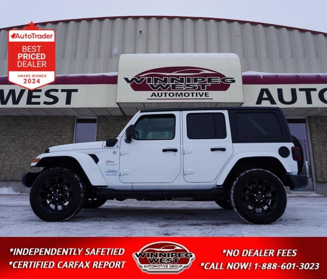 *** Dealer arranged financing on site! Quick, Simple,  no calls or waiting on bank appointments required!! Drive away today ***   NO ADMINISTRATION FEES!!

AMAZING DEAL AND STILL BRAND NEW WITH ONLY 2,000KMS YES 2,000KMS ON THIS 2024 JEEP WRANGLER SAHARA 4XE PLUG IN HYBRID, 4X4, LOADED WITH NAVIGATION, HEATED SEATS AND WHEEL, PREMIUM SOUNDS SYSTEM, AUTO, COLOUR MATCHED TOP, FLAWLESS LOCAL MANITOBA TRADED HERE, EXCEPTIONAL UNIT STILL LIKE NEW FULL PLUG IN HYBRID WITH THE 2.0L TURBO CHARGED ENGINE FOR AN AMAZING COMBINATION AND ULTIMATE MILEAGE!

- FULL 14-kWh battery Lithium-ion battery for FULL or electric assisted matched to the 2.0L i-4 PHEV Turbo charged engine, with an Amazing 375hp and 470ft-lbs Torque combined!
- Plug in cord
- All New 8-Speed automatic 
- Removable doors, and 3-piece roof
- Black Premium Sunrider Soft top w/dual top group
- Factory navigation 
- uConnect 5C 12.3-inch screen with Premium Alpine 8-speaker Sound system with overhead sound bar
- 7-inch in-cluster colour driver information display
- Apple Carplay and Android Projection
- 4G LTE Wi-fi Hotspot 
- Air, cruise, full power group 
- Heated Steering Wheel and Seats
- Power PREMIUM UPGRADED Power McKinley Leather seats
- Power windows locks
- Factory Remote Start
- Remote Proximity Entry  
- Blackout wheels and badging with Electric blue accents
- Backup Camera
- Tow Hooks and Skid Plates
- Ready below for more info... 

AMAZING DEAL ALL NEWLY DESIGNED 2024 JEEP WRANGLER SAHARA 4XE FULL PLUG IN HYBRID & STILL AS NEW! STILL AS NEW WITH ONLY 2,000KMS READY TO HIT THE ROAD! SAVE THOUSANDS IN FUEL WITH THE AMAZING FUEL MILEAGE AS LOW AS 4.8L/100KMS ON THIS BEAUTIFUL FULLY LOADED HYBRID JEEP WRANGLER SAHARA, with all the necessary options and great Off-Road Looks. This 2021 Jeep Wrangler Unlimited Sahara 4XE Hybrid is complete with a full electric driving 14-kWh Lithium-ion battery for those short commutes or added torque start offs mated to the all-new PHEV Turbo Charged 2.0L 4cyl Fuel Efficient and beast of a motor, which combined with the electric motors, produces an AMAZING  375hp and 470ft/lbs of torque all that matched up to the new 8-speed transmission makes this one fun and amazing Jeep to drive! These Jeeps are a far cry over the previous years models with amazing power, fuel efficiency and comfort! Finished in Bright White with contrasting black, Wheels, mirrors, handles, bumpers, fuel door and front & rear tow hooks against color matched grill, fenders, roof and more! This Jeep is loaded with features and has the Command Trac Shift of the Fly 2 speed 4x4 off road transfer case that will literally take you anywhere like a Jeep should! Inside you will find all the comfort you want with the beautiful upgraded McKinley Leather heated leather seats and matched steering Wheel, along with the Premium uConnect5 with new 12.3-inch touch screen with Apple Carplay and Android Projection, Navigation and Alpine full 8-speaker sound system complete with Sound bar power windows and locks, factory command start, proximity key, air conditioning, cruise, power windows and locks, fog lamps, removable roof panels to act as a sunroof or take the top and doors right off if you like or put on the Black Premium Soft top that comes with the Jeep as well for even more versatility!! Beautiful Jeep for commuting or across the country capabilities being a Hybrid you get the best of both worlds and so much more!! Comes with the upgraded Wrangler sport wheels and so much more! Amazing condition in all respects locally Traded and is now ready for its new home!! 

Comes with a Manitoba Safety Certification, and we have many Extended Powertrain warrantys available on your vehicle purchase up to 10-year coverage (on eligible vehicles see dealer for details). Financing on site with Zero down financing OAC. Trades accepted. View at Winnipeg West Automotive Group, 5195 Portage Ave. (only a couple of minutes past the new Costco) Dealer permit # 6007, Call now 1(888) 601-3023. This Car is located in Winnipeg Manitoba,  however we can have it shipped anywhere in North America relatively inexpensively.