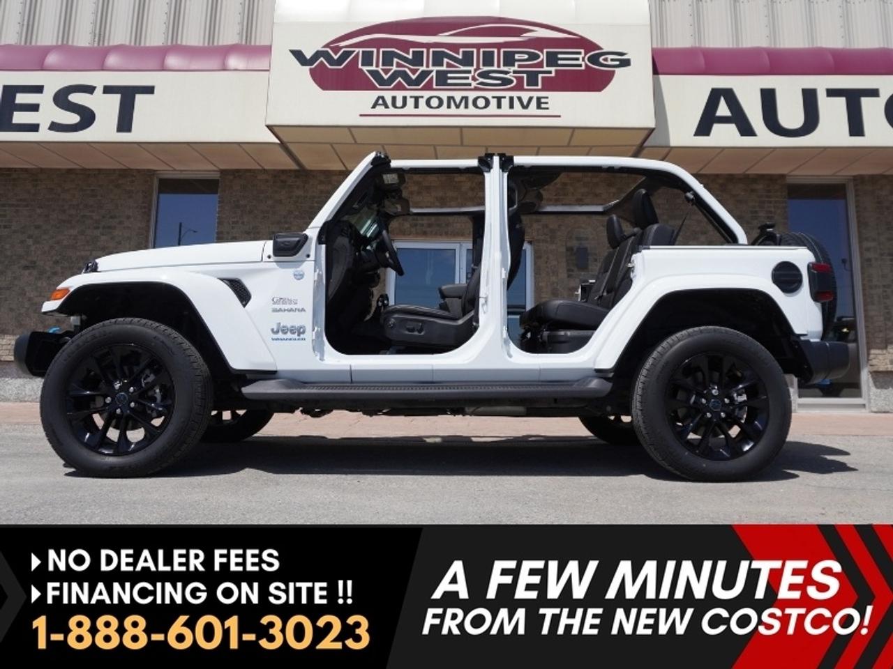 *** Dealer arranged financing on site! Quick, Simple,  no calls or waiting on bank appointments required!! Drive away today ***   NO ADMINISTRATION FEES!!

Tarps off, doors off, feel the breeze.  What a fun all season unit.  Like new inside and out.  Same money on fuel and less maintenances with the plug in hybrid.  Less time at the pump more time exploring and having fun.  Save over  - -$20,000 - - from new, 

AMAZING DEAL AND STILL BRAND NEW WITH ONLY 2,000KMS YES 2,000KMS ON THIS 2024 JEEP WRANGLER SAHARA 4XE PLUG IN HYBRID, 4X4, LOADED WITH NAVIGATION, HEATED SEATS AND WHEEL, PREMIUM SOUNDS SYSTEM, AUTO, COLOUR MATCHED TOP, FLAWLESS LOCAL MANITOBA TRADED HERE, EXCEPTIONAL UNIT STILL LIKE NEW FULL PLUG IN HYBRID WITH THE 2.0L TURBO CHARGED ENGINE FOR AN AMAZING COMBINATION AND ULTIMATE MILEAGE!

- FULL 14-kWh battery Lithium-ion battery for FULL or electric assisted matched to the 2.0L i-4 PHEV Turbo charged engine, with an Amazing 375hp and 470ft-lbs Torque combined!
- Plug in cord
- All New 8-Speed automatic 
- Removable doors, and 3-piece roof
- Black Premium Sunrider Soft top w/dual top group
- Factory navigation 
- uConnect 5C 12.3-inch screen with Premium Alpine 8-speaker Sound system with overhead sound bar
- 7-inch in-cluster colour driver information display
- Apple Carplay and Android Projection
- 4G LTE Wi-fi Hotspot 
- Air, cruise, full power group 
- Heated Steering Wheel and Seats
- Power PREMIUM UPGRADED Power McKinley Leather seats
- Power windows locks
- Factory Remote Start
- Remote Proximity Entry  
- Blackout wheels and badging with Electric blue accents
- Backup Camera
- Tow Hooks and Skid Plates
- Ready below for more info... 

AMAZING DEAL ALL NEWLY DESIGNED 2024 JEEP WRANGLER SAHARA 4XE FULL PLUG IN HYBRID & STILL AS NEW! STILL AS NEW WITH ONLY 2,000KMS READY TO HIT THE ROAD! SAVE THOUSANDS IN FUEL WITH THE AMAZING FUEL MILEAGE AS LOW AS 4.8L/100KMS ON THIS BEAUTIFUL FULLY LOADED HYBRID JEEP WRANGLER SAHARA, with all the necessary options and great Off-Road Looks. This 2024 Jeep Wrangler Unlimited Sahara 4XE Hybrid is complete with a full electric driving 14-kWh Lithium-ion battery for those short commutes or added torque start offs mated to the all-new PHEV Turbo Charged 2.0L 4cyl Fuel Efficient and beast of a motor, which combined with the electric motors, produces an AMAZING  375hp and 470ft/lbs of torque all that matched up to the new 8-speed transmission makes this one fun and amazing Jeep to drive! These Jeeps are a far cry over the previous years models with amazing power, fuel efficiency and comfort! Finished in Bright White with contrasting black, Wheels, mirrors, handles, bumpers, fuel door and front & rear tow hooks against color matched grill, fenders, roof and more! This Jeep is loaded with features and has the Command Trac Shift of the Fly 2 speed 4x4 off road transfer case that will literally take you anywhere like a Jeep should! Inside you will find all the comfort you want with the beautiful upgraded McKinley Leather heated leather seats and matched steering Wheel, along with the Premium uConnect5 with new 12.3-inch touch screen with Apple Carplay and Android Projection, Navigation and Alpine full 8-speaker sound system complete with Sound bar power windows and locks, factory command start, proximity key, air conditioning, cruise, power windows and locks, fog lamps, removable roof panels to act as a sunroof or take the top and doors right off if you like or put on the Black Premium Soft top that comes with the Jeep as well for even more versatility!! Beautiful Jeep for commuting or across the country capabilities being a Hybrid you get the best of both worlds and so much more!! Comes with the upgraded Wrangler sport wheels and so much more! Amazing condition in all respects locally Traded and is now ready for its new home!! 

Comes with a Manitoba Safety Certification, and we have many Extended Powertrain warranties available on your vehicle purchase up to 10-year coverage (on eligible vehicles see dealer for details). Financing on site with Zero down financing OAC. Trades accepted. View at Winnipeg West Automotive Group, 5195 Portage Ave. (only a couple of minutes past the new Costco) Dealer permit # 6007, Call now 1(888) 601-3023. This Car is located in Winnipeg Manitoba,  however we can have it shipped anywhere in North America relatively inexpensively.