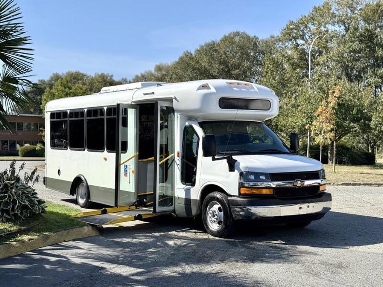 2014 Chevrolet Express G4500 19-Passenger Wheelchair Accessible Kneeling Bus with Duramax Diesel, 6.0L V8 engine, automatic transmission, and rear-wheel drive. This versatile shuttle features a kneeling suspension system that lowers the vehicle for easier boarding, along with a wheelchair ramp for accessible transportation. The bus seats 19 passengers including the driver and comes equipped with a ThermoKing rear air conditioning and heating system, cruise control, an automatic adjustable driver seat, and a body master switch. Finished in white with a blue vinyl interior, this bus is well-suited for senior care facilities, shuttle services, or mobility transport. GVWR is 6,439 kg (14,200 lbs), and overall vehicle dimensions are 26 feet 9 inches long, 8 feet 4 inches wide, and 9 feet 1 inch high. Certification and decal are valid until March 2026. This item is currently OFFSITE. You must register an appointment with our office to schedule an offsite viewing. Appointments must be made a minimum of one business day in advance (and as defined by the days that Repo.com is open for business) before your appointment can be scheduled and confirmed. We may, at our own discretion, instead opt to transport smaller items to Repo.coms main yard for viewing purposes.  $29,875.00 plus $375 processing fee, $30,250.00 total payment obligation before taxes.   Listing report, warranty, contract commitment cancellation fee, financing available on approved credit (some limitations and exceptions may apply). All above specifications and information is considered to be accurate but is not guaranteed and no opinion or advice is given as to whether this item should be purchased. We do not allow test drives due to theft, fraud, acts of vandalism and undetectable impaired driving. Instead we provide the following benefits: Complimentary Warranty (with options to extend), Limited Money Back Satisfaction Guarantee on Fully Completed Contracts, Contract Commitment Cancellation, and an Open-Ended Sell-Back Option. Ask seller for details or call 604-522-REPO(7376) to confirm listing availability.