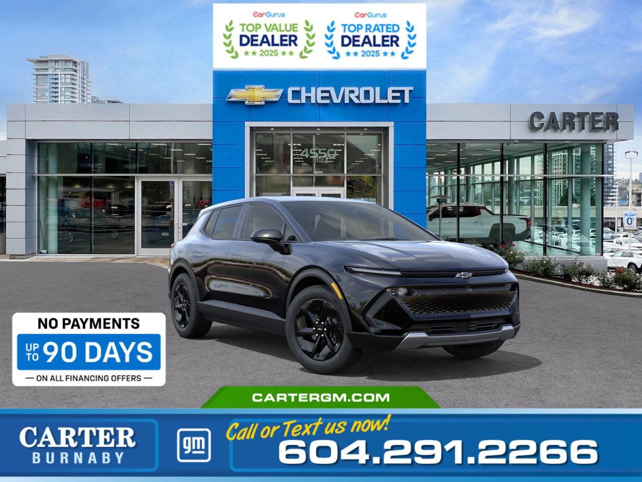 Purchase your new vehicle today and enjoy NO PAYMENTS FOR UP TO 90 DAYS. Upgrade with confidence, without stretching your budget!  Experience the future of driving with the 2026 Chevrolet Equinox EV LT FWD, where innovation meets everyday practicality. Enjoy a sleek, fully electric design equipped with an 11" Driver Information Centre, USB-C connectivity, and cutting-edge safety features like Reverse Automatic Braking, Rear Cross Traffic Braking, and Blind Zone Steering Assist. Stay confident with Traffic Sign Recognition and Front Pedestrian and Bicyclist Braking while traveling in comfort and style.  Come take it for a test drive today and experience all this stylish vehicle has to offer!  WHY CARTER GM BURNABY?  - An unrivalled vehicle purchasing experience! - Exceeding our loyal customers expectations since 1963 - 4.5 Google star rating with 2,175+ customer reviews) - CarGurus Top-Rated Dealer 2025 Award - CarGurus Top Value Dealer 2025 Award - Vehicle trades welcome! Best price guaranteed! - We provide upfront pricing, zero hidden fees, and 100% transparency - Fast approvals and 99% acceptance rates (no matter your current credit status!) - Multilingual staff (many languages spoken) - Comfortable non-pressured environment with in-store television, WIFI and a childrens play area! - In-store restaurant: fresh daily menu        Were here to help you drive the vehicle you want, the vehicle you deserve! QUESTIONS? GREAT! WEVE GOT ANSWERS! To speak with a friendly vehicle specialist - CALL NOW! (Doc. Fee: $495.00 Dealer Code: D5505)