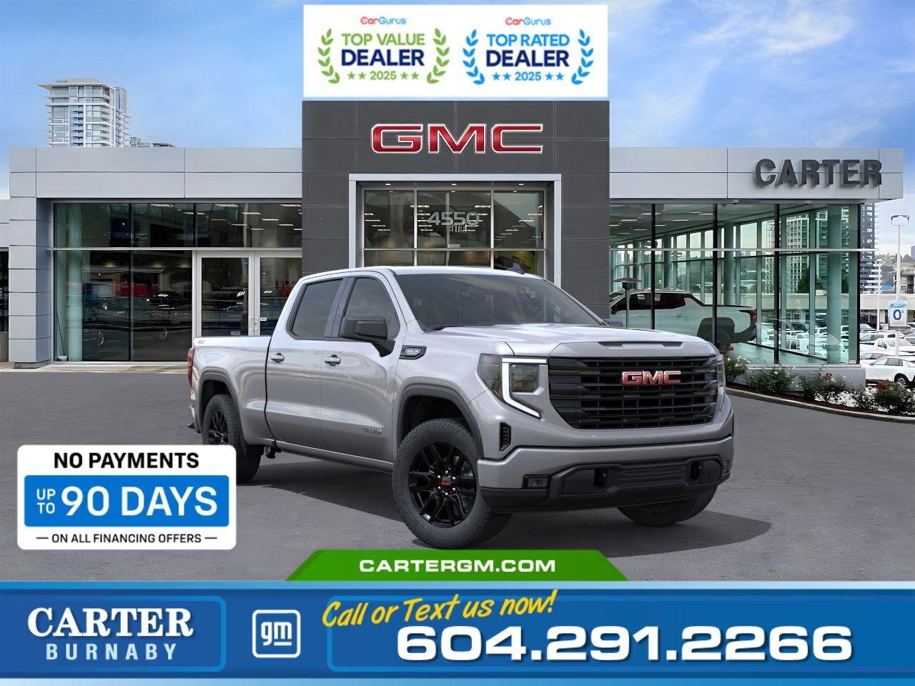 Purchase your new vehicle today and enjoy NO PAYMENTS FOR UP TO 90 DAYS. Upgrade with confidence, without stretching your budget!  Power meets precision in the 2026 GMC Sierra 1500 Elevation 4WD. Driven by a 5.3L EcoTec3 V8 engine with 355 hp and 383 lb-ft of torque, this truck is built to perform. The X31 Off-Road Package adds off-road suspension, skid plates, and Hill Descent Control for true trail confidence. With the Trailering Package, integrated trailer brake controller, and Hitch Guidance, towing is effortless. Inside, enjoy a refined cabin with a 13.4" touchscreen, 12.3" digital display, heated steering wheel, and dual-zone climate control for premium comfort.  Come take it for a test drive today and experience all this stylish vehicle has to offer!  WHY CARTER GM BURNABY?  - An unrivalled vehicle purchasing experience! - Exceeding our loyal customers expectations since 1963 - 4.5 Google star rating with 2,175+ customer reviews) - CarGurus Top-Rated Dealer 2025 Award - CarGurus Top Value Dealer 2025 Award - Vehicle trades welcome! Best price guaranteed! - We provide upfront pricing, zero hidden fees, and 100% transparency - Fast approvals and 99% acceptance rates (no matter your current credit status!) - Multilingual staff (many languages spoken) - Comfortable non-pressured environment with in-store television, WIFI and a childrens play area! - In-store restaurant: fresh daily menu        Were here to help you drive the vehicle you want, the vehicle you deserve! QUESTIONS? GREAT! WEVE GOT ANSWERS! To speak with a friendly vehicle specialist - CALL NOW! (Doc. Fee: $495.00 Dealer Code: D5505)