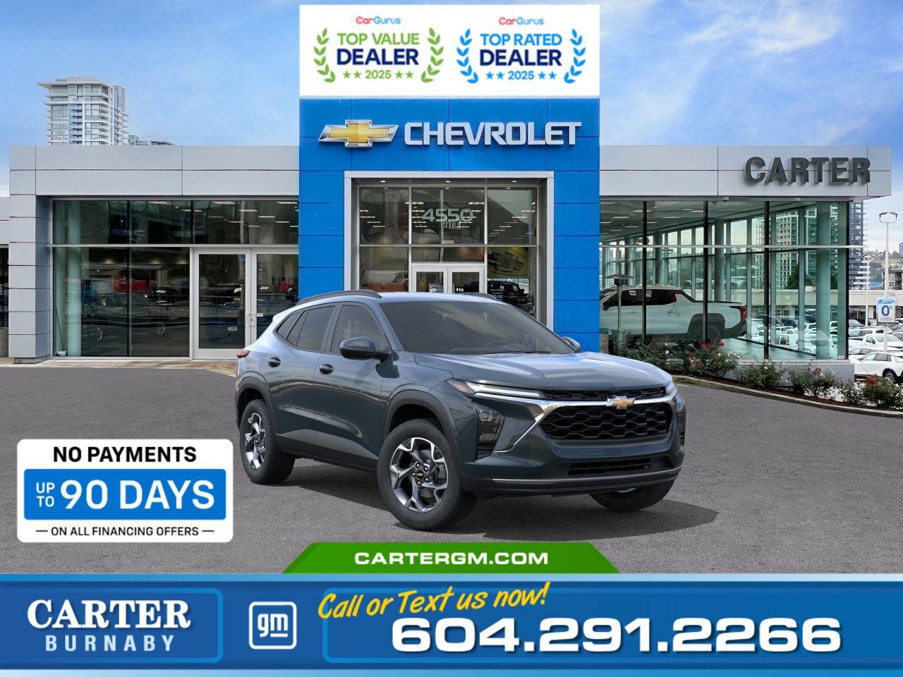 Purchase your new vehicle today and enjoy NO PAYMENTS FOR UP TO 90 DAYS. Upgrade with confidence, without stretching your budget!  Discover modern design and smart technology in this 2026 Chevrolet Trax LT FWD  the perfect blend of comfort, connectivity, and confidence. Enjoy automatic climate control with cabin humidity sensing and a pollutant air filter for a fresh, comfortable ride. Stay connected on the go with Wi-Fi Hotspot capability, dual USB-A and USB-C ports, and a 12-volt power outlet. Drive with peace of mind thanks to StabiliTrak stability control, an HD Rear Vision Camera, and Following Distance Indicator for added safety.  Come take it for a test drive today and experience all this stylish vehicle has to offer!  WHY CARTER GM BURNABY?  - An unrivalled vehicle purchasing experience! - Exceeding our loyal customers expectations since 1963 - 4.5 Google star rating with 2,175+ customer reviews) - CarGurus Top-Rated Dealer 2025 Award - CarGurus Top Value Dealer 2025 Award - Vehicle trades welcome! Best price guaranteed! - We provide upfront pricing, zero hidden fees, and 100% transparency - Fast approvals and 99% acceptance rates (no matter your current credit status!) - Multilingual staff (many languages spoken) - Comfortable non-pressured environment with in-store television, WIFI and a childrens play area! - In-store restaurant: fresh daily menu        Were here to help you drive the vehicle you want, the vehicle you deserve! QUESTIONS? GREAT! WEVE GOT ANSWERS! To speak with a friendly vehicle specialist - CALL NOW! (Doc. Fee: $495.00 Dealer Code: D5505)