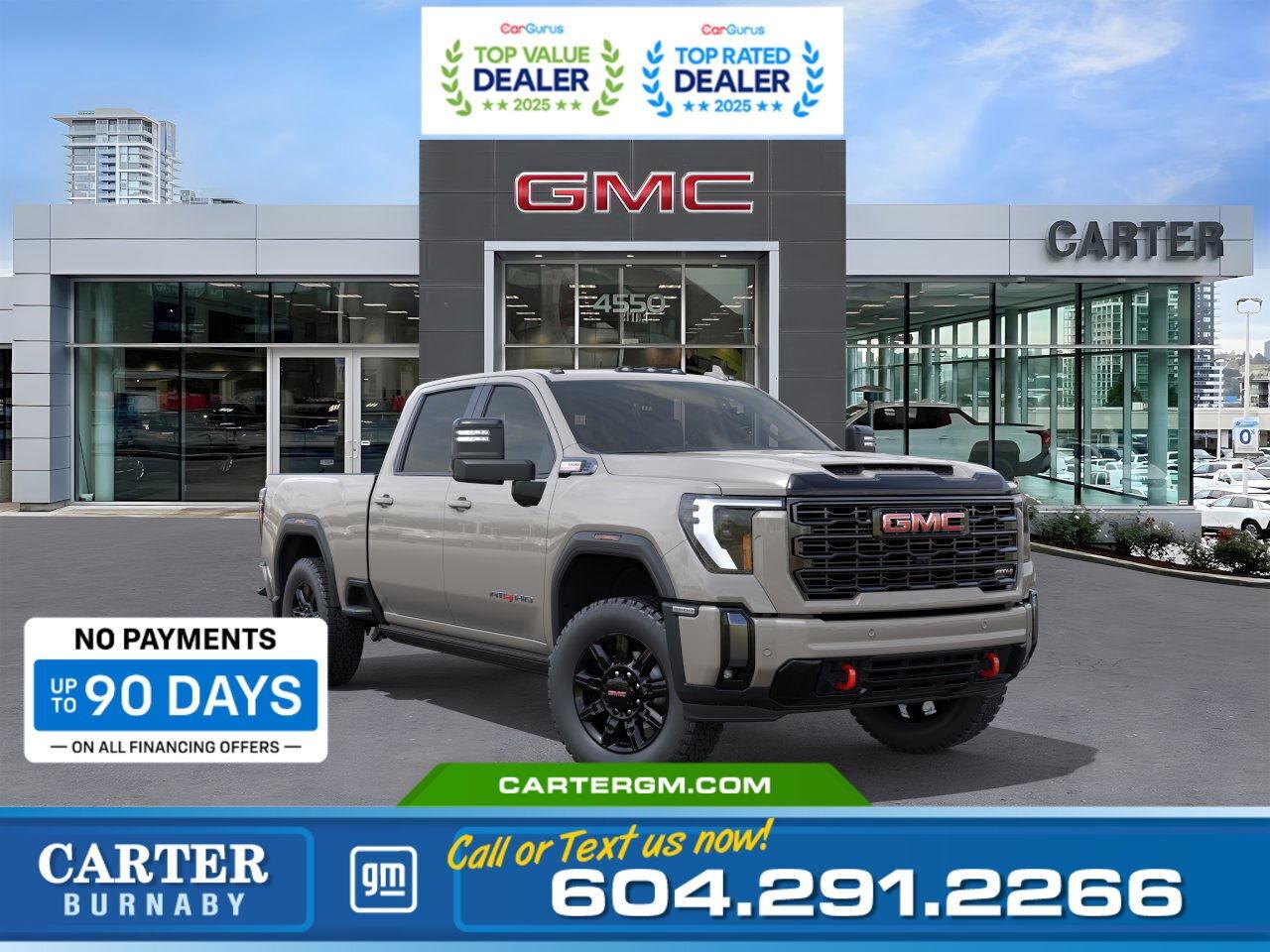 Purchase your new vehicle today and enjoy NO PAYMENTS FOR UP TO 90 DAYS. Upgrade with confidence, without stretching your budget!  Conquer any terrain in this 2026 GMC Sierra 3500HD AT4 4WD, powered by the legendary Duramax 6.6L Turbo-Diesel V8 delivering 470 hp and 975 lb-ft of torque. Designed for adventure and capability, it features the X31 Off-Road Package with Rancho shocks, Hill Descent Control, and skid plates. The AT4 Premium Plus Package adds luxury with Jet Black leather seats with Kalahari accents, a power sunroof, and power-retractable assist steps. Stay connected with the 13.4" GMC Premium Display and tow with confidence using the ProGrade Trailering System.  Come take it for a test drive today and experience all this stylish vehicle has to offer!  WHY CARTER GM BURNABY?  - An unrivalled vehicle purchasing experience! - Exceeding our loyal customers expectations since 1963 - 4.5 Google star rating with 2,175+ customer reviews) - CarGurus Top-Rated Dealer 2025 Award - CarGurus Top Value Dealer 2025 Award - Vehicle trades welcome! Best price guaranteed! - We provide upfront pricing, zero hidden fees, and 100% transparency - Fast approvals and 99% acceptance rates (no matter your current credit status!) - Multilingual staff (many languages spoken) - Comfortable non-pressured environment with in-store television, WIFI and a childrens play area! - In-store restaurant: fresh daily menu        Were here to help you drive the vehicle you want, the vehicle you deserve! QUESTIONS? GREAT! WEVE GOT ANSWERS! To speak with a friendly vehicle specialist - CALL NOW! (Doc. Fee: $495.00 Dealer Code: D5505)