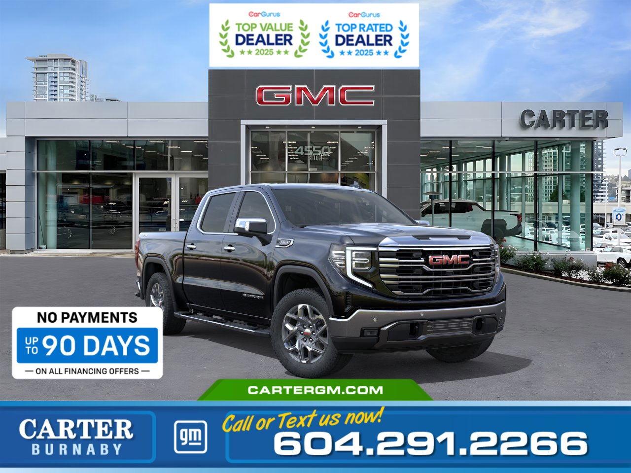 Purchase your new vehicle today and enjoy NO PAYMENTS FOR UP TO 90 DAYS. Upgrade with confidence, without stretching your budget!  The 2026 GMC Sierra 1500 SLT 4WD delivers the perfect balance of strength, innovation, and comfort. Powered by a 5.3L EcoTec3 V8 with an integrated trailer brake controller and Hitch Guidance, its ready for serious towing. Features like rain-sensing wipers, LED cargo lighting, and the versatile MultiPro Tailgate add convenience on every drive. Inside, enjoy heated 10-way power seats, a heated wrapped steering wheel, and dual digital displays with premium connectivity. StabiliTrak and advanced safety systems provide confidence wherever you go.  Come take it for a test drive today and experience all this stylish vehicle has to offer!  WHY CARTER GM BURNABY?  - An unrivalled vehicle purchasing experience! - Exceeding our loyal customers expectations since 1963 - 4.5 Google star rating with 2,175+ customer reviews) - CarGurus Top-Rated Dealer 2025 Award - CarGurus Top Value Dealer 2025 Award - Vehicle trades welcome! Best price guaranteed! - We provide upfront pricing, zero hidden fees, and 100% transparency - Fast approvals and 99% acceptance rates (no matter your current credit status!) - Multilingual staff (many languages spoken) - Comfortable non-pressured environment with in-store television, WIFI and a childrens play area! - In-store restaurant: fresh daily menu        Were here to help you drive the vehicle you want, the vehicle you deserve! QUESTIONS? GREAT! WEVE GOT ANSWERS! To speak with a friendly vehicle specialist - CALL NOW! (Doc. Fee: $495.00 Dealer Code: D5505)