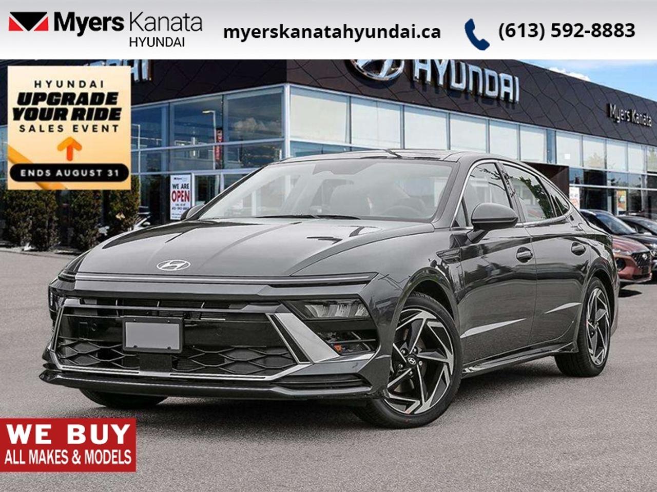 <b>Sunroof,  Cooled Seats,  Heated Steering Wheel,  Remote Start,  Lane Keep Assist!</b><br> <br> From the sporty, ultramodern exterior to the tech-rich refinement inside, this 2026 Sonata continues to break new ground.<br> <br>This 2026 Sonata sets the sedan standard with a new, futuristic look, more premium features, and loads of tech upgrades both intelligent and intuitive. Head turning styling with incredibly balanced dynamics ensure that this sedan is a pleasure to both look at and to drive. A beautifully crafted interior with endless comfort make this 2026 Sonata the midsize sedan to beat.<br> <br>This Nocturne Gry sedan has an Automatic transmission and is powered by a 191HP 2.5L 4 Cylinder Engine. <br> <br> Our Sonatas trim level is Preferred-Trend AWD. The cabin emphasizes comfort and advanced technology with heated and ventilated front bucket seats, an 8-way power driver seat with lumbar support, a power passenger seat, leather seating surfaces, a heated leather steering wheel, dual zone automatic climate control, and metal-look interior accents, while the sliding and tilting sunroof spanning both rows is integrated naturally into the experience. A 12.3 inch touchscreen with wireless Android Auto and Apple CarPlay, SiriusXM, Bluetooth, BlueLink services, turn by turn navigation, OTA updates, USB connectivity, wireless phone connectivity, two front LCD monitors, smart trunk access, proximity key with push button start, remote start, a digital driver information center, and comprehensive storage solutions enhance convenience. Safety features include Lane Follow Assist, Lane Keep Assist with departure warning, Blind Spot Collision Warning, Rear Cross Traffic Collision Avoidance Assist, Forward Collision Avoidance Assist with pedestrian, cyclist, and junction detection, Driver Monitoring Alert, a tire pressure monitoring system, multiple airbags including driver knee and rear side impact units, child safety locks, and a back up camera. This vehicle has been upgraded with the following features: Sunroof, Cooled Seats, Heated Steering Wheel, Remote Start, Lane Keep Assist, Collision Mitigation.<br><br> <br>To apply right now for financing use this link: <a href=https://www.myerskanatahyundai.com/finance/ target=_blank>https://www.myerskanatahyundai.com/finance/</a><br> <br/>This vehicle may qualify for $500 Military Program Bonus. 5.99% financing for 96 months. <br> Buy this vehicle now for the lowest weekly payment of <b>$133.36</b> with $0 down for 96 months @ 5.99% APR O.A.C. ( Plus applicable taxes - $2596 and licensing fees **Rebates may not be applicable on all purchase types [cash, lease, or finance]. Eligibility and conditions may vary. Please see dealer for full details and confirmation of eligibility. ). Incentives expire 2026-08-31. See dealer for details. <br><br>This vehicle is located at Myers Kanata Hyundai 400-2500 Palladium Dr Kanata, Ontario. <br><br> Come by and check out our fleet of 40+ used cars and trucks and 190+ new cars and trucks for sale in Kanata.  o~o