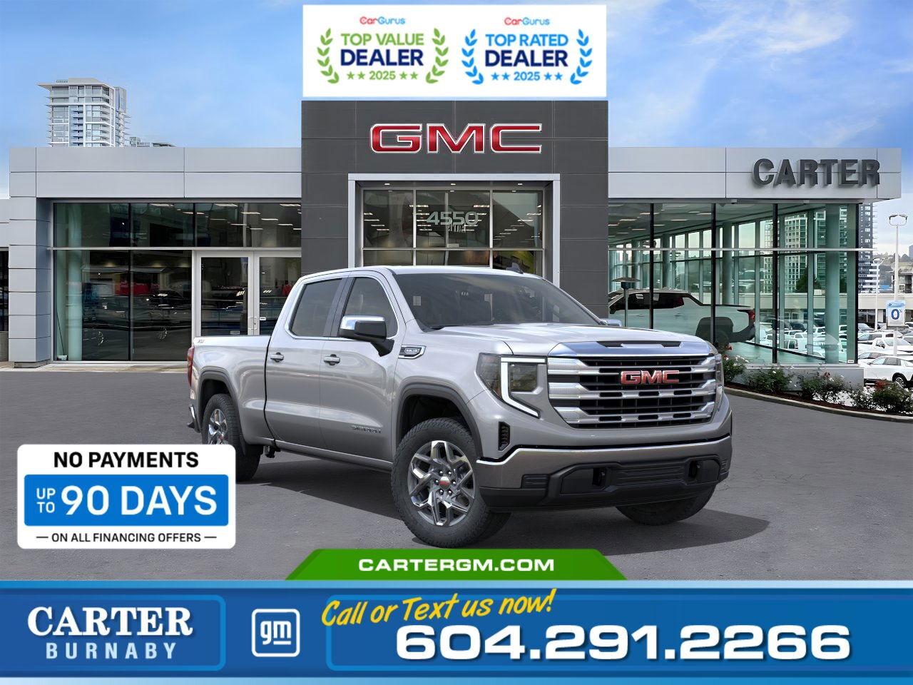 Purchase your new vehicle today and enjoy NO PAYMENTS FOR UP TO 90 DAYS. Upgrade with confidence, without stretching your budget!  Strength meets innovation in the 2026 GMC Sierra 1500 SLE. Powered by a 5.3L EcoTec3 V8 with the Trailering Package and four-wheel drive, its built for serious capability. The EZ Lift tailgate with hitch area light, bed rail protection, and Hitch Guidance make towing and hauling effortless. Inside, stay connected with Wi-Fi hotspot capability, a 13.4" GMC Premium Display, and a 12.3" reconfigurable digital Driver Information Centre. Safety comes first with StabiliTrak, Proactive Roll Avoidance, Hill Start Assist, and Following Distance Indicator.  Come take it for a test drive today and experience all this stylish vehicle has to offer!  WHY CARTER GM BURNABY?  - An unrivalled vehicle purchasing experience! - Exceeding our loyal customers expectations since 1963 - 4.5 Google star rating with 2,175+ customer reviews) - CarGurus Top-Rated Dealer 2025 Award - CarGurus Top Value Dealer 2025 Award - Vehicle trades welcome! Best price guaranteed! - We provide upfront pricing, zero hidden fees, and 100% transparency - Fast approvals and 99% acceptance rates (no matter your current credit status!) - Multilingual staff (many languages spoken) - Comfortable non-pressured environment with in-store television, WIFI and a childrens play area! - In-store restaurant: fresh daily menu        Were here to help you drive the vehicle you want, the vehicle you deserve! QUESTIONS? GREAT! WEVE GOT ANSWERS! To speak with a friendly vehicle specialist - CALL NOW! (Doc. Fee: $495.00 Dealer Code: D5505)