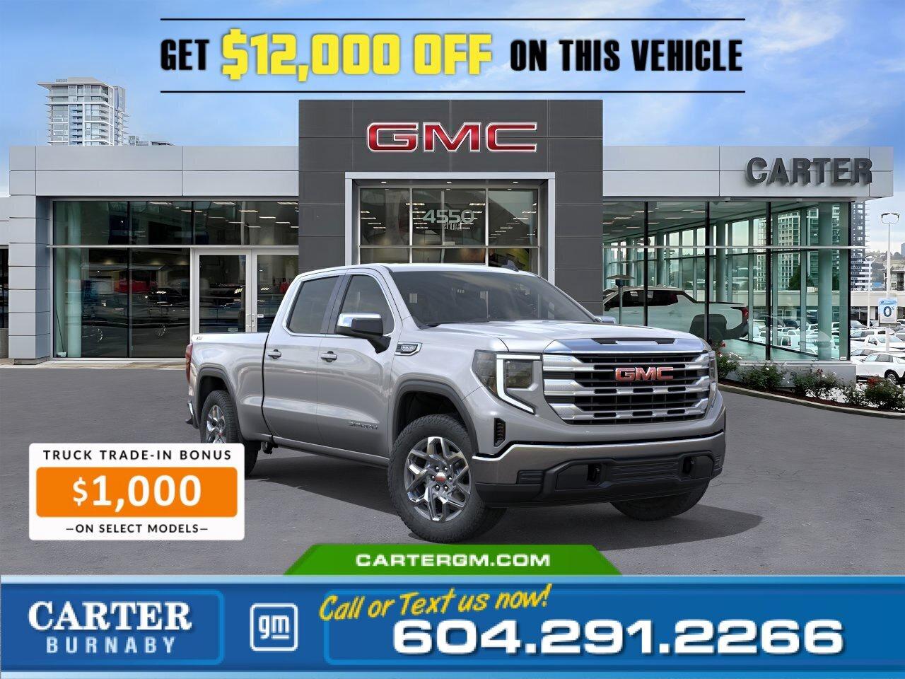 Now is the perfect time to upgrade your truck and save big! Take advantage of an $8,000 Non-Stackable Cash Delivery Allowance and our $4,000 dealer discount, PLUS get a $1,000 Truck Trade-In Bonus with the trade of a 2015 or newer pickup truck. Power, strength, and dependable towing are waiting, but only for a limited time!  Strength meets innovation in the 2026 GMC Sierra 1500 SLE. Powered by a 5.3L EcoTec3 V8 with the Trailering Package and four-wheel drive, its built for serious capability. The EZ Lift tailgate with hitch area light, bed rail protection, and Hitch Guidance make towing and hauling effortless. Inside, stay connected with Wi-Fi hotspot capability, a 13.4" GMC Premium Display, and a 12.3" reconfigurable digital Driver Information Centre. Safety comes first with StabiliTrak, Proactive Roll Avoidance, Hill Start Assist, and Following Distance Indicator.  Come take it for a test drive today and experience all this stylish vehicle has to offer!  WHY CARTER GM BURNABY?  - An unrivalled vehicle purchasing experience! - Exceeding our loyal customers expectations since 1963 - 4.5 Google star rating with 2,300+ customer reviews) - CarGurus Top-Rated Dealer 2025 Award - CarGurus Top Value Dealer 2025 Award - Vehicle trades welcome! Best price guaranteed! - We provide upfront pricing, zero hidden fees, and 100% transparency - Fast approvals and 99% acceptance rates (no matter your current credit status!) - Multilingual staff (many languages spoken) - Comfortable non-pressured environment with in-store television, WIFI and a childrens play area! - In-store restaurant: fresh daily menu        Were here to help you drive the vehicle you want, the vehicle you deserve! QUESTIONS? GREAT! WEVE GOT ANSWERS! To speak with a friendly vehicle specialist - CALL NOW! The advertised price includes all standard dealer fees and any applicable manufacturer or dealer incentives. It does not include applicable taxes, licensing, insurance, or optional products or services. Dealer fees will be clearly broken out and itemized on the bill of sale, maximum total of fees $595.00. Prices are shown in Canadian dollars. While we make every effort to ensure accuracy, vehicle details, pricing, options, and availability are subject to change without notice. Please confirm all information with dealership sales management before purchase. Dealer Code: 81129