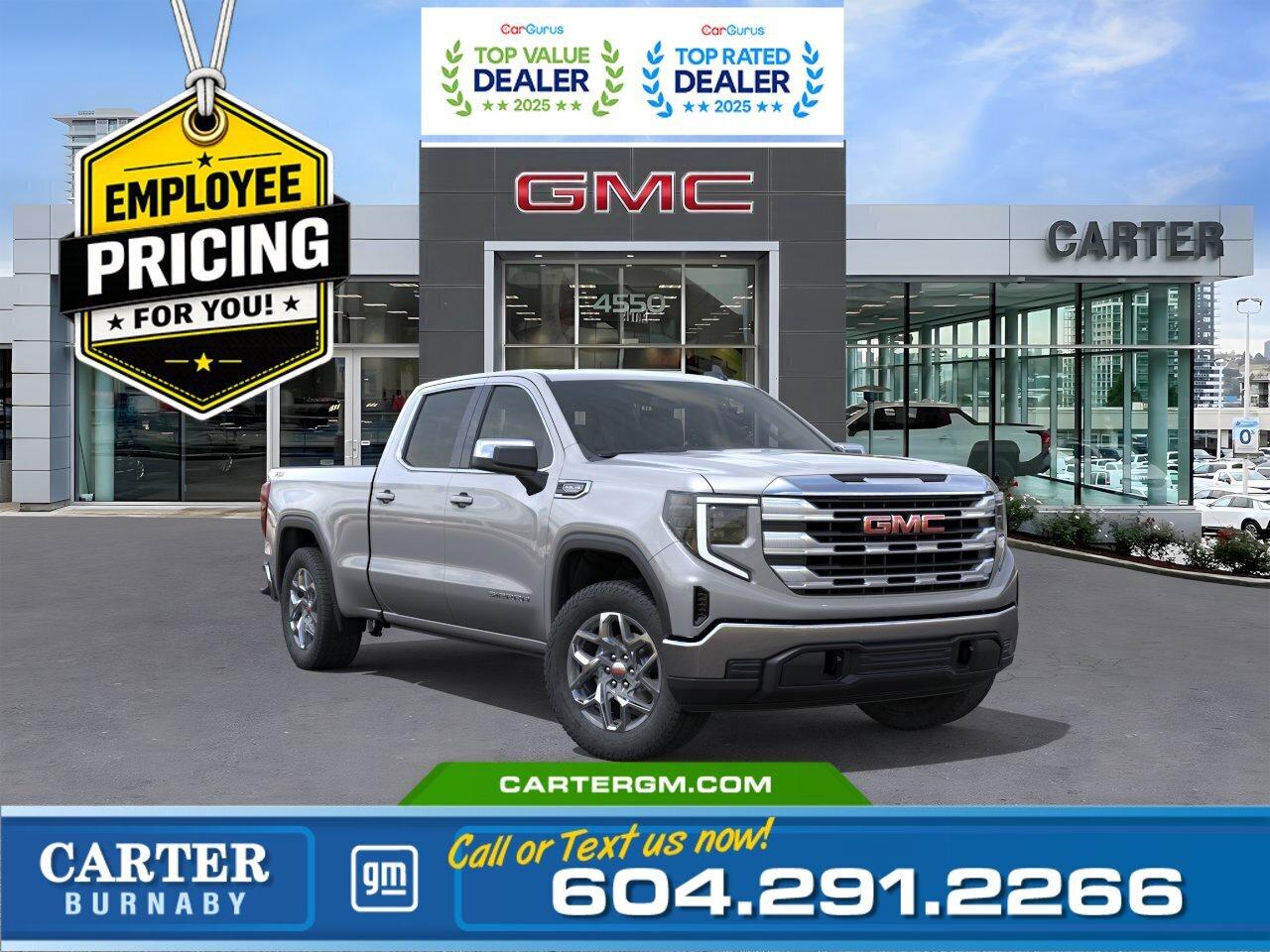 GREAT NEWS! THE EMPLOYEE PRICING EVENT IS BACK! Take advantage of exclusive Employee Pricing on eligible new vehicles and enjoy exceptional value for a limited time. This is your opportunity to save on the vehicle youve been waiting for while inventory lasts. Contact us today to confirm your eligibility and discover the available offers on your preferred model.  Strength meets innovation in the 2026 GMC Sierra 1500 SLE. Powered by a 5.3L EcoTec3 V8 with the Trailering Package and four-wheel drive, its built for serious capability. The EZ Lift tailgate with hitch area light, bed rail protection, and Hitch Guidance make towing and hauling effortless. Inside, stay connected with Wi-Fi hotspot capability, a 13.4" GMC Premium Display, and a 12.3" reconfigurable digital Driver Information Centre. Safety comes first with StabiliTrak, Proactive Roll Avoidance, Hill Start Assist, and Following Distance Indicator.  Come take it for a test drive today and experience all this stylish vehicle has to offer!  WHY CARTER GM BURNABY?  - An unrivalled vehicle purchasing experience! - Exceeding our loyal customers expectations since 1963 - 4.5 Google star rating with 2,300+ customer reviews) - CarGurus Top-Rated Dealer 2025 Award - CarGurus Top Value Dealer 2025 Award - Vehicle trades welcome! Best price guaranteed! - We provide upfront pricing, zero hidden fees, and 100% transparency - Fast approvals and 99% acceptance rates (no matter your current credit status!) - Multilingual staff (many languages spoken) - Comfortable non-pressured environment with in-store television, WIFI and a childrens play area! - In-store restaurant: fresh daily menu        Were here to help you drive the vehicle you want, the vehicle you deserve! QUESTIONS? GREAT! WEVE GOT ANSWERS! To speak with a friendly vehicle specialist - CALL NOW! The advertised price includes all standard dealer fees and any applicable manufacturer or dealer incentives. It does not include applicable taxes, licensing, insurance, or optional products or services. Dealer fees will be clearly broken out and itemized on the bill of sale, maximum total of fees $699.00. Prices are shown in Canadian dollars. While we make every effort to ensure accuracy, vehicle details, pricing, options, and availability are subject to change without notice. Please confirm all information with dealership sales management before purchase. Dealer Code: 81129