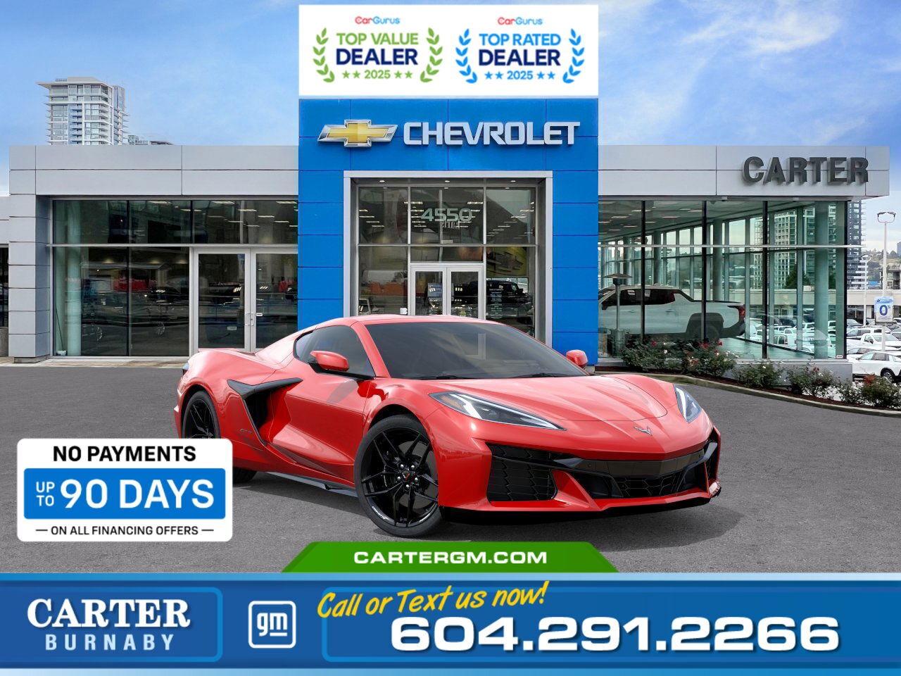 Purchase your new vehicle today and enjoy NO PAYMENTS FOR UP TO 90 DAYS. Upgrade with confidence, without stretching your budget!  Experience the 2026 Chevrolet Corvette 2LZ, powered by a 5.5L V8 high-output engine delivering 670 hp for exhilarating performance. Enjoy heated and vented seats, a heated leather-wrapped steering wheel, and driver/passenger memory settings for personalized comfort. Advanced safety features include Front Pedestrian and Bicyclist Braking, Lane Keep Assist, Rear Cross Traffic Alert, and Side Blind Zone Alert. Stay connected with wireless phone charging and the Bose Performance Series 14-speaker audio system, plus Performance Data and Video Recorder for tracking every thrilling drive.  Come take it for a test drive today and experience all this stylish vehicle has to offer!  WHY CARTER GM BURNABY?  - An unrivalled vehicle purchasing experience! - Exceeding our loyal customers expectations since 1963 - 4.5 Google star rating with 2,175+ customer reviews) - CarGurus Top-Rated Dealer 2025 Award - CarGurus Top Value Dealer 2025 Award - Vehicle trades welcome! Best price guaranteed! - We provide upfront pricing, zero hidden fees, and 100% transparency - Fast approvals and 99% acceptance rates (no matter your current credit status!) - Multilingual staff (many languages spoken) - Comfortable non-pressured environment with in-store television, WIFI and a childrens play area! - In-store restaurant: fresh daily menu        Were here to help you drive the vehicle you want, the vehicle you deserve! QUESTIONS? GREAT! WEVE GOT ANSWERS! To speak with a friendly vehicle specialist - CALL NOW! (Doc. Fee: $495.00 Dealer Code: D5505)