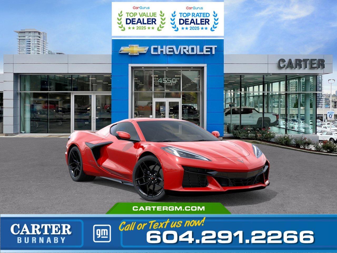 Experience the 2026 Chevrolet Corvette 2LZ, powered by a 5.5L V8 high-output engine delivering 670 hp for exhilarating performance. Enjoy heated and vented seats, a heated leather-wrapped steering wheel, and driver/passenger memory settings for personalized comfort. Advanced safety features include Front Pedestrian and Bicyclist Braking, Lane Keep Assist, Rear Cross Traffic Alert, and Side Blind Zone Alert. Stay connected with wireless phone charging and the Bose Performance Series 14-speaker audio system, plus Performance Data and Video Recorder for tracking every thrilling drive.  Come take it for a test drive today and experience all this stylish vehicle has to offer!  WHY CARTER GM BURNABY?  - An unrivalled vehicle purchasing experience! - Exceeding our loyal customers expectations since 1963 - 4.5 Google star rating with 2,300+ customer reviews) - CarGurus Top-Rated Dealer 2025 Award - CarGurus Top Value Dealer 2025 Award - Vehicle trades welcome! Best price guaranteed! - We provide upfront pricing, zero hidden fees, and 100% transparency - Fast approvals and 99% acceptance rates (no matter your current credit status!) - Multilingual staff (many languages spoken) - Comfortable non-pressured environment with in-store television, WIFI and a childrens play area! - In-store restaurant: fresh daily menu        Were here to help you drive the vehicle you want, the vehicle you deserve! QUESTIONS? GREAT! WEVE GOT ANSWERS! To speak with a friendly vehicle specialist - CALL NOW! The advertised price includes all standard dealer fees and any applicable manufacturer or dealer incentives. It does not include applicable taxes, licensing, insurance, or optional products or services. Dealer fees will be clearly broken out and itemized on the bill of sale, maximum total of fees $595.00. Prices are shown in Canadian dollars. While we make every effort to ensure accuracy, vehicle details, pricing, options, and availability are subject to change without notice. Please confirm all information with dealership sales management before purchase. Dealer Code: 81129