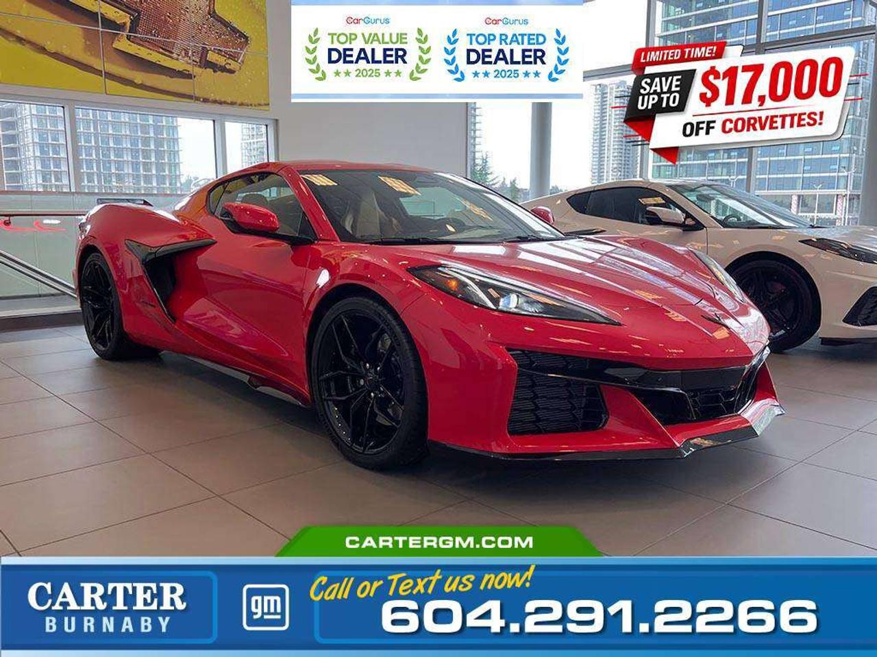 More than a sports car, it is a statement! The 2026 Chevrolet Corvette delivers breathtaking speed, aggressive design, and now, exclusive savings of up to $17,000 for a limited time. Your moment to own the legend starts now.  Plus, for a limited time, exclusive savings are back for Costco members! Receive a $1,200 Executive Member Bonus or a $1,000 Non-Executive Member Bonus on select models.  Experience the 2026 Chevrolet Corvette 2LZ Z06, powered by a 5.5L V8 high-output engine delivering 670 hp for exhilarating performance. Enjoy heated and vented seats, a heated leather-wrapped steering wheel, and driver/passenger memory settings for personalized comfort. Advanced safety features include Front Pedestrian and Bicyclist Braking, Lane Keep Assist, Rear Cross Traffic Alert, and Side Blind Zone Alert. Stay connected with wireless phone charging and the Bose Performance Series 14-speaker audio system, plus Performance Data and Video Recorder for tracking every thrilling drive.  Come take it for a test drive today and experience all this stylish vehicle has to offer!  WHY CARTER GM BURNABY?  - An unrivalled vehicle purchasing experience! - Exceeding our loyal customers expectations since 1963 - 4.5 Google star rating with 2,300+ customer reviews) - CarGurus Top-Rated Dealer 2025 Award - CarGurus Top Value Dealer 2025 Award - Vehicle trades welcome! Best price guaranteed! - We provide upfront pricing, zero hidden fees, and 100% transparency - Fast approvals and 99% acceptance rates (no matter your current credit status!) - Multilingual staff (many languages spoken) - Comfortable non-pressured environment with in-store television, WIFI and a childrens play area! - In-store restaurant: fresh daily menu        Were here to help you drive the vehicle you want, the vehicle you deserve! QUESTIONS? GREAT! WEVE GOT ANSWERS! To speak with a friendly vehicle specialist - CALL NOW! The advertised price includes all standard dealer fees and any applicable manufacturer or dealer incentives. It does not include applicable taxes, licensing, insurance, or optional products or services. Dealer fees will be clearly broken out and itemized on the bill of sale, maximum total of fees $699.00. Prices are shown in Canadian dollars. While we make every effort to ensure accuracy, vehicle details, pricing, options, and availability are subject to change without notice. Please confirm all information with dealership sales management before purchase. Dealer Code: 81129