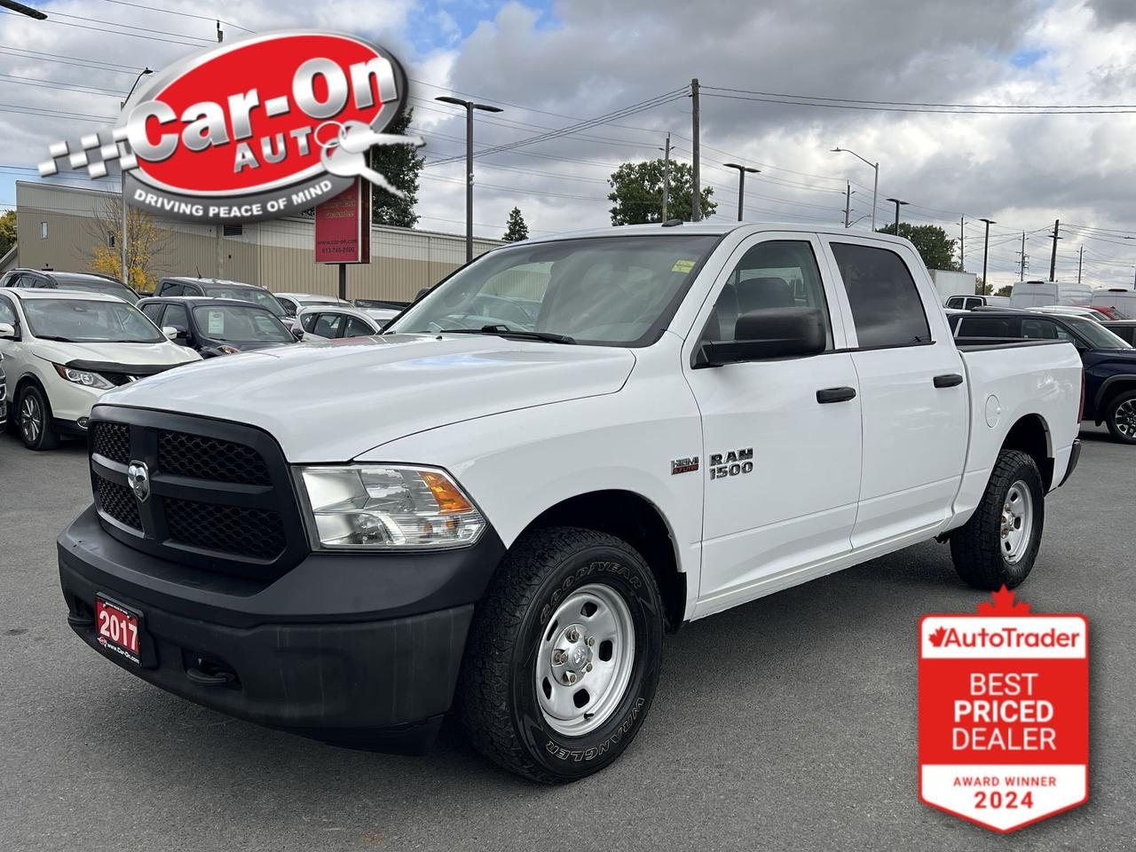LOW KMS!! READY TO WORK!! CREW CAB 4X4 w/ 5.7L HEMI V8!! Tow package, 5-foot 7-inch box w/ spray in bedliner, air conditioning, keyless entry, power locks, power windows, power mirrors, automatic headlights, cruise control, Bluetooth and Sirius XM!!