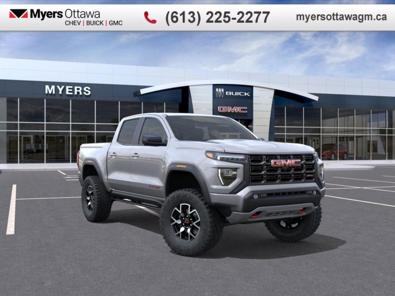 <br> <br>  Offering an amazing blend of efficiency, capability and performance, this 2026 Canyon is a great midsize truck option. <br> <br>Aimed at shoppers who desire the capability of a traditional pickup without the compromise of a full-size truck, this 2026 GMC Canyon is ready to take on whatever you throw at it. From work-site duties to intense off-road sessions, this Canyon is sure to never skip a beat!<br> <br> This Sterling Metallic Crew Cab 4X4 pickup   has an Automatic transmission and is powered by a  310HP 2.7L 4 Cylinder Engine.<br> <br> Our Canyons trim level is AT4X. This AT4X delivers advanced off-road capability blended with premium comfort and cutting-edge technology for serious trail enthusiasts. An 11.3-inch Premium Infotainment System with Google Built-In, wireless Apple CarPlay and Android Auto, SiriusXM with 360L, Wi-Fi hotspot, Bose premium audio, underbody cameras with wash function, adaptive cruise control, wireless phone charging, and a multicolour Head-Up Display keep every adventure connected and informed. Ventilated and heated leather-appointed seats with red seatbelt accents, dual-zone automatic climate control, remote vehicle start, and multiple power outlets create a refined cabin, while a 3-inch factory lift with DSSV Multimatic dampers, driver-selectable full-locking front and rear differentials, Baja mode, Off-Road Rocker Protection, HD Surround Vision, Blind Zone Steering Assist with Trailering, Rear Cross Traffic Braking, and Forward Collision Alert ensure confidence and control on rugged terrain. This vehicle has been upgraded with the following features: Leather Seats, Wireless Charnging. <br><br> <br>To apply right now for financing use this link: <a href=https://creditonline.dealertrack.ca/Web/Default.aspx?Token=b35bf617-8dfe-4a3a-b6ae-b4e858efb71d&Lang=en target=_blank>https://creditonline.dealertrack.ca/Web/Default.aspx?Token=b35bf617-8dfe-4a3a-b6ae-b4e858efb71d&Lang=en</a><br><br> <br/>    4.79% financing for 84 months. <br> Buy this vehicle now for the lowest bi-weekly payment of <b>$532.79</b> with $0 down for 84 months @ 4.79% APR O.A.C. ( taxes included, **Rebates may not be applicable on all purchase types [cash, lease, or finance]. Eligibility and conditions may vary. Please see dealer for full details and confirmation of eligibility.   ).  Incentives expire 2026-02-02.  See dealer for details. <br> <br><br> Come by and check out our fleet of 50+ used cars and trucks and 190+ new cars and trucks for sale in Ottawa.  o~o