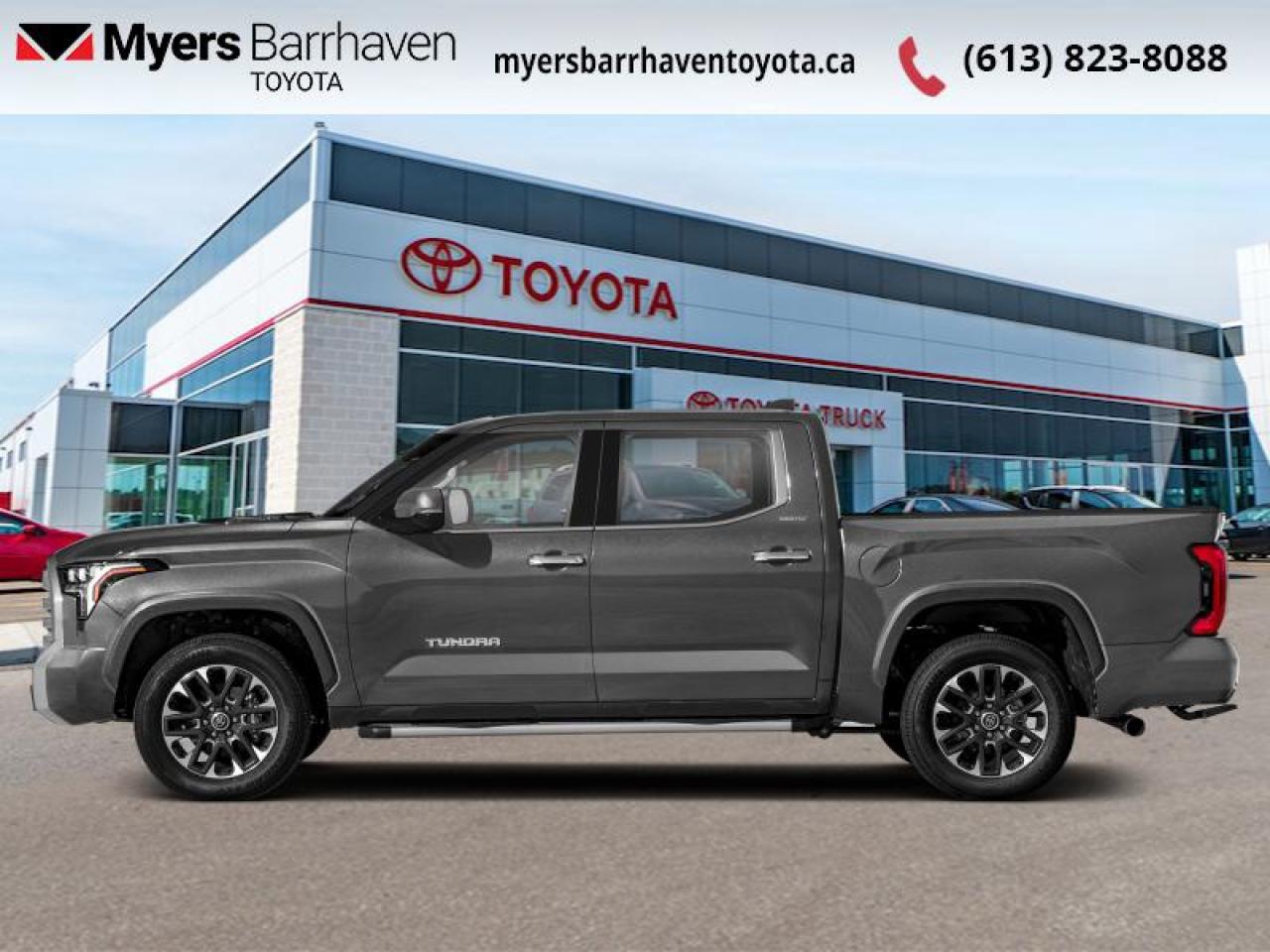 <b>Leather Seats!</b><br> <br> <br> <br>TEXT US DIRECTLY FOR MORE INFORMATION AT 613-704-7598.<br> <br>  The stylish and capable Toyota Tundra provides plenty of comfort and safety to you and your passengers. <br> <br>This 2026 Toyota Tundra is proof that bold can be beautiful, and with an enormous towing capacity the Tundra keeps proving itself to be one of the best pickup trucks on the market. It offers dynamic performance in all of the right places and comes loaded with its innovative tech features, extraordinary driving performance with unheard of fuel economy. The Toyota Tundra perfectly blends functionality and practicality, with a spacious cabin that gives you and your crew enough room to stretch out with premium materials that creates a distinctively upscale feel.<br> <br> This magnetic grey metallic Crew Cab 4X4 pickup   has an automatic transmission and is powered by a  437HP 3.4L V6 Cylinder Engine.<br> <br> Our Tundras trim level is Limited Nightshade. Ventilated and heated front seats with power adjustment and lumbar support, with SofTex synthetic leather seating upholstery add to the upscale ambiance of this Tundra Limited, with unique alloy wheels and exterior styling accents. Other features include a heated steering wheel, class IV towing equipment with a brake controller, hitch and trailer sway control, trailer wiring harness, a full-size spare tire with underbody storage, adaptive cruise control, automatic air conditioning, and an upgraded 14-inch infotainment screen powered by Toyota Multimedia, with wireless Apple CarPlay and Android Auto, SiriusXM streaming radio, and Drive Connect with cloud navigation and Destination Assist. Safety features include blind spot detection, intuitive parking assist with auto braking, lane keeping assist, lane departure warning, forward collision mitigation with a pre-collision system, driver monitoring alert, and a rear camera. This vehicle has been upgraded with the following features: Leather Seats. <br><br> <br>To apply right now for financing use this link : <a href=https://www.myersbarrhaventoyota.ca/quick-approval/ target=_blank>https://www.myersbarrhaventoyota.ca/quick-approval/</a><br><br> <br/>    4.99% financing for 84 months. <br> Buy this vehicle now for the lowest bi-weekly payment of <b>$511.72</b> with $0 down for 84 months @ 4.99% APR O.A.C. ( Plus applicable taxes -  **Rebates may not be applicable on all purchase types [cash, lease, or finance]. Eligibility and conditions may vary. Please see dealer for full details and confirmation of eligibility.   ).  Incentives expire 2025-12-01.  See dealer for details. <br> <br>At Myers Barrhaven Toyota we pride ourselves in offering highly desirable pre-owned vehicles. We truly hand pick all our vehicles to offer only the best vehicles to our customers. No two used cars are alike, this is why we have our trained Toyota technicians highly scrutinize all our trade ins and purchases to ensure we can put the Myers seal of approval. Every year we evaluate 1000s of vehicles and only 10-15% meet the Myers Barrhaven Toyota standards. At the end of the day we have mutual interest in selling only the best as we back all our pre-owned vehicles with the Myers *LIFETIME ENGINE TRANSMISSION warranty. Thats right *LIFETIME ENGINE TRANSMISSION warranty, were in this together! If we dont have what youre looking for not to worry, our experienced buyer can help you find the car of your dreams! Ever heard of getting top dollar for your trade but not really sure if you were? Here we leave nothing to chance, every trade-in we appraise goes up onto a live online auction and we get buyers coast to coast and in the USA trying to bid for your trade. This means we simultaneously expose your car to 1000s of buyers to get you top trade in value. <br>We service all makes and models in our new state of the art facility where you can enjoy the convenience of our onsite restaurant, service loaners, shuttle van, free Wi-Fi, Enterprise Rent-A-Car, on-site tire storage and complementary drink. Come see why many Toyota owners are making the switch to Myers Barrhaven Toyota. <br>*LIFETIME ENGINE TRANSMISSION WARRANTY NOT AVAILABLE ON VEHICLES WITH KMS EXCEEDING 140,000KM OR HIGHLINE BRAND VEHICLE(eg. BMW, INFINITI. CADILLAC, LEXUS...)<br> Come by and check out our fleet of 120+ used cars and trucks and 20+ new cars and trucks for sale in Ottawa.  o~o