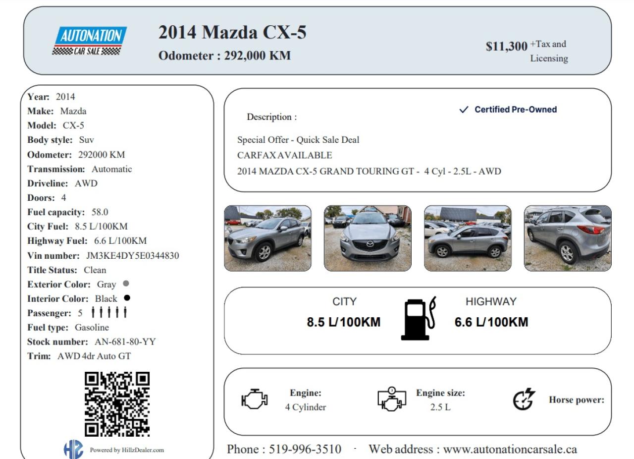 2014 Mazda CX-5 AWD 4dr Auto GT with Safety and Warranty, Financing available Photo