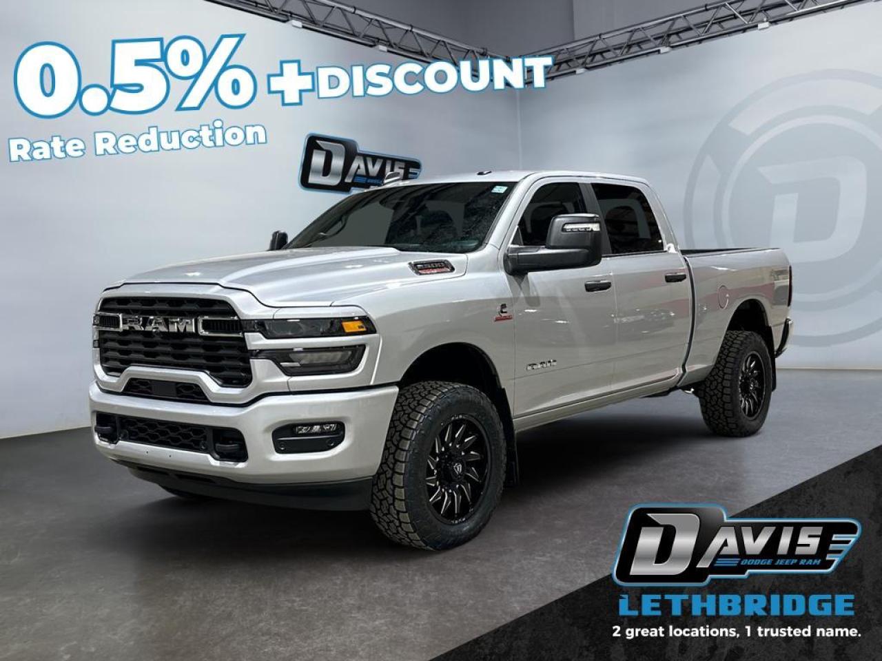 <b>5th Wheel Hitch Installed, Power Mirrors, ParkSense, Adaptive Cruise Control, Mobile Hotspot, Collision Mitigation!<br /> <br /></b><br /> <br /> <br />Experience heavy-duty power and versatility with the 2026 Ram 2500 Bighorn Crew Cab in Silver Zynith. Built for tough jobs, it features a 6.7L Cummins Turbo Diesel I6 engine, 8-speed TorqueFlite automatic transmission, and 4x4 drivetrain for exceptional towing and off-road capability.<br /><br />This Ram 2500 comes loaded with Big Horn Level 1 Plus equipment, including 40/20/40 cloth bench seating, rear 60/40 fold-flat seats, overhead console, Uconnect 5 NAV with 12 touchscreen, Apple CarPlay, Android Auto, Alexa built-in, and 9 Alpine speakers with subwoofer. Comfort and convenience are enhanced with dual-zone climate control, power-adjustable driver seat, folding flat-load floor storage, and keyless push-button start.<br /><br />Safety is uncompromised with adaptive cruise control with stop, ParkView rear camera, ParkSense front/rear assist, LED headlamps, trailer sway damping, anti-lock 4-wheel disc brakes, and advanced airbags. Rugged exterior features include heavy-duty suspension, Firestone all-season tires on 18 polished aluminum wheels, body-color grille and bumpers, tow hooks, Class V hitch, and MOPAR spray-in bedliner.<br /><br />Built for work or adventure, the 2026 Ram 2500 Bighorn blends power, technology, and comfort for any task.<br /> <br />To apply right now for financing use this link: <a href=https://lethbridge.davisdodge.ca/free-credit-check/ target=_blank rel=nofollow noopener noreferrer>https://lethbridge.davisdodge.ca/free-credit-check/</a><br /><br /> <br /><br />As a premier Chrysler, Dodge, Jeep and RAM dealership, Davis Dodge proudly offers an extensive selection of new and used vehicles to meet every drivers needs. Customers across Lethbridge, Fort Macleod, Taber, Claresholm, Coaldale, and beyond trust us for daily vehicle specials, certified service and parts, and a seamless online inventory experience. <br /><br /> With competitive financing options and expert support, we make car buying easy and enjoyable. <br /><br /> Ready to hit the road? Schedule your test drive today at Davis Dodge, your trusted Chrysler, Dodge, Jeep and RAM dealer in Lethbridge, Alberta.<br /><br /> Vehicle pricing offer shown expires 2026-03-31. <br /> Come by and check out our fleet of 60+ used cars and trucks and 120+ new cars and trucks for sale in Lethbridge. o~o