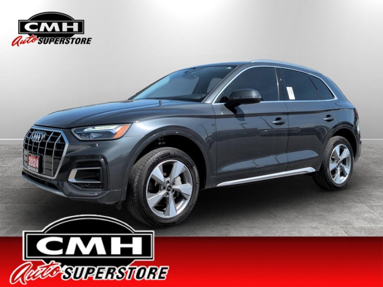 <b>GREAT FEATURES !! REAR CAMERA W/SENSORS, ADAPTIVE CRUISE, TRAFFIC JAM ASSIST, COLLISION SENSORS, BLIND SPOT, LANE ASSIST, WIRELESS CHARGING PAD, APPLE CARPLAY, LEATHER, POWER SEATS, HEATED STEERING WHEEL, POWER LIFTGATE, 19-IN ALLOYS  **PREV. RENTAL**<br></b><br>  <br>CMH certifies that all vehicles meet DOUBLE the Ministry standards for Brakes and Tires. The advertised price is the promotional financing price. For all other methods of payment, the selling price is $500 higher.<br><br> <br>This 2024 Audi Q5 is for sale today.<br> <br>For luxury SUV buyers who are big on style and technology, this 2024 Audi Q5 is a handsome choice with plenty to like. This vehicle looks good, treats occupants right, and wont seem out of place at the valet stand. This Q5 applies the brands luxury pedigree to the compact-crossover template and features an impeccably-built cabin with upscale features, impressive ergonomics, and a tranquil ride quality. Overall, this Audi Q5 promotes a stately image and delivers a posh driving experience.<br> <br>This SUV has 75,511 km. Its Gray in colour and is completely accident free based on the <a href=https://vhr.carfax.ca/?id=hmjtE0dtIk6CsW1PSO2VfLsQXte91OLj target=_blank>CARFAX Report</a>. It has an Automatic transmission and is powered by a 261HP 2.0L 4 Cylinder Engine. <br> <br> Our Q5s trim level is Komfort 45 TFSI quattro. This SUV is more than a simple family vehicle with luxury features like heated leather bucket seats with contrast stitching, a leather steering wheel, proximity key with push button start, proximity cargo access, and voice activated LCD touchscreen infotainment with wireless Apple CarPlay. The style continues on the exterior with a dual tailpipe, aluminum alloy wheels, programmable LED lighting, fog lamps, and perimeter lights. Drive in confident safety with lane departure warning, blind spot monitor, and a back up camera.<br> <br>To apply right now for financing use this link: <a href=https://www.cmhniagara.com/financing/ target=_blank>https://www.cmhniagara.com/financing/</a><br> <br/><br>**PLEASE NOTE:** The functionality and condition of any accessories and aftermarket parts are not guaranteed by CMH Auto Superstore. Examples of such items include, but are not limited to: tonneau covers, radios, cameras, remote starts, vent visors, roof racks, winches, light bars, headlights/tail lights, center caps, running boards, etc. If an aftermarket part is safety-related and found to be defective, it will be replaced by a factory option.<br><b>**CMH Auto Superstore reserves the right to choose to repair, modify, or replace all aftermarket parts (example  headlights) or accessories at its sole discretion.**</b><br><br>Trade-ins are welcome! Financing available OAC ! Price INCLUDES a valid safety certificate! Price INCLUDES a 60-day limited warranty on all vehicles except classic or vintage cars. CMH is a Full Disclosure dealer with no hidden fees. We are a family-owned and operated business for over 30 years! o~o