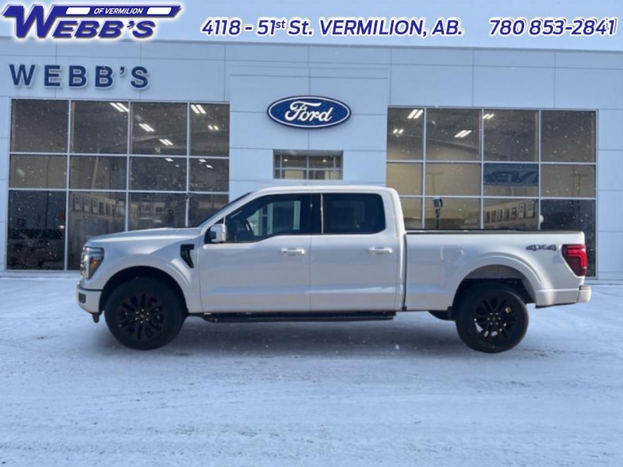 <b>Lariat Black Appearance Package, Tow Package!</b><br> <br> <br> <br>From powerful engines to smart tech, theres an F-150 to fit all aspects of your life. <br> <br>Just as you mold, strengthen and adapt to fit your lifestyle, the truck you own should do the same. The Ford F-150 puts productivity, practicality and reliability at the forefront, with a host of convenience and tech features as well as rock-solid build quality, ensuring that all of your day-to-day activities are a breeze. Theres one for the working warrior, the long hauler and the fanatic. No matter who you are and what you do with your truck, F-150 doesnt miss.<br> <br>This Star White Metallic Tri-Coat Crew Cab 4X4 pickup has a 10 Speed Automatic transmission and is powered by a 400HP 3.5L V6 Cylinder Engine. <br> <br> Our F-150s trim level is Lariat. This F-150 Lariat is decked with great standard features such as premium Bang & Olufsen audio, ventilated and heated leather-trimmed seats with lumbar support, remote engine start, adaptive cruise control, FordPass 5G mobile hotspot, and a 12-inch infotainment screen powered by SYNC 4 with inbuilt navigation, Apple CarPlay and Android Auto. Safety features also include blind spot detection, lane keeping assist with lane departure warning, front and rear collision mitigation, and an aerial view camera system. This vehicle has been upgraded with the following features: Lariat Black Appearance Package, Tow Package.<br><br> View the original window sticker for this vehicle with this url <b><a href=http://www.windowsticker.forddirect.com/windowsticker.pdf?vin=1FTFW5L86SFB84884 target=_blank>http://www.windowsticker.forddirect.com/windowsticker.pdf?vin=1FTFW5L86SFB84884</a></b>.<br> <br>To apply right now for financing use this link: <a href=https://www.webbsford.com/financing/ target=_blank>https://www.webbsford.com/financing/</a><br><br> <br/> Total  rebate of $7500 is reflected in the price.   4.99% financing for 84 months. <br> Buy this vehicle now for the lowest bi-weekly payment of <b>$562.45</b> with $0 down for 84 months @ 4.99% APR O.A.C. ( taxes included, $199 documentation fee   / Total cost of borrowing $16035   ).  Incentives expire 2026-01-27.  See dealer for details. <br> <br>Webbs Ford is located at 4118 - 51st Street in beautiful Vermilion, AB. <br/>We offer superior sales and service for our valued customers and are committed to serving our friends and clients with the best services possible. If you are looking to set up a test drive in one of our new Fords or looking to inquire about financing options, please call (780) 853-2841 and speak to one of our professional staff members today.   Vehicle pricing offer shown expires 2026-01-31.  o~o