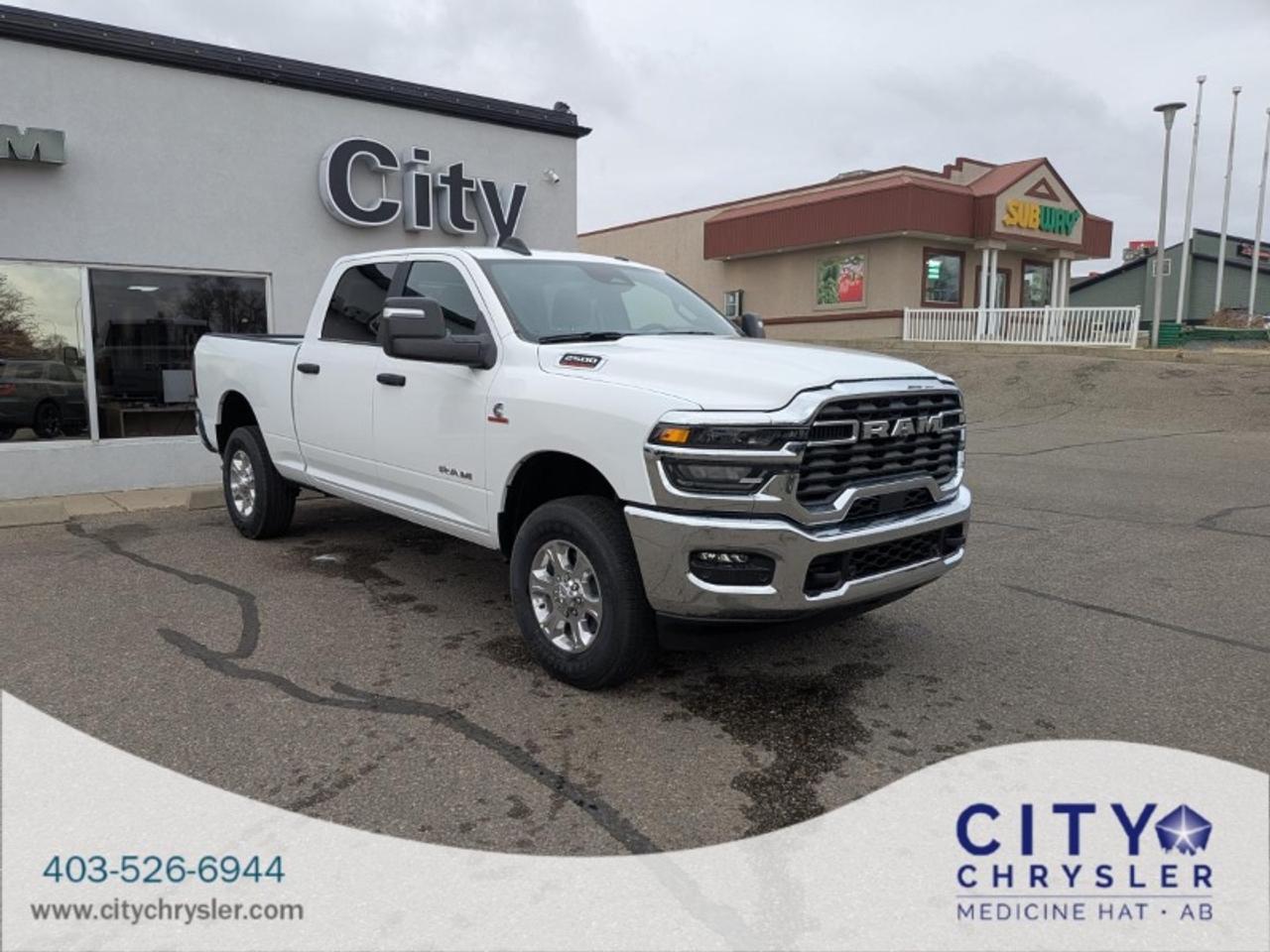 The 2026 RAM 3500 Big Horn delivers heavy-duty strength and refined utility for both work and recreation. Powered by a 6.7L Cummins turbo diesel engine generating 430 horsepower this 4WD truck is equipped for serious towing and hauling. Its crew cab and short bed configuration provide a great mix of comfort and capability. With rugged styling and trusted RAM engineering the Big Horn trim offers long-lasting performance with everyday practicality.**Specifications:****Make:** RAM**Model Year:** 2026**Model:** 3500**Trim:** Big Horn**Body Class:** Pickup**Drive Type:** 4WD/4-Wheel Drive/4x4**Engine:** 6.7L I6 Cummins Turbo Diesel**Engine Configuration:** In-Line**Engine Number of Cylinders:** 6**Fuel Type:** Diesel**Engine Power:** 430 hp**Cab Type:** Crew Cab**Bed Type:** Short**Rear Wheels:** Single Rear Wheel (SRW)**Brake System Type:** Hydraulic**Steering:** Left-Hand Drive (LHD)**Seat Belt Type:** Manual**Vehicle Type:** Truck**GVWR:** Class 3: 10001 - 14000 lbServing Medicine Hat Alberta and nearby communities like Taber Lethbridge Brooks and Maple Creek Saskatchewan we uphold a legacy of excellence in every vehicle we sell. Our dealership sets the standard for Jeep Dodge Ram and Chrysler providing exceptional service and a commitment you can trust.