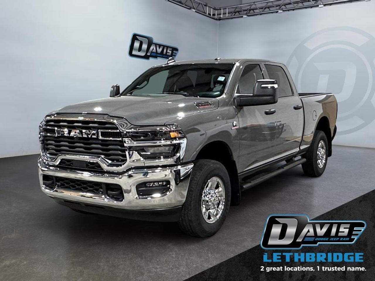 <b>5th Wheel and Gooseneck Prep, Blind Spot Monitoring, Trailer Tow Pages, Collision Mitigation!<br /> <br /></b><br /> <br /> <br />The 2026 Ram 3500 Tradesman delivers uncompromising heavy-duty capability with its 6.7L Cummins High-Output Turbo Diesel engine and 8-speed TorqueFlite automatic transmission. Built for serious towing and hauling, it includes an anti-spin rear differential, trailer brake control, Class V hitch, 5th-wheel/gooseneck prep, and a durable 6-ft box with a spray-in bedliner and LED bed lighting.<br /><br />Inside the Crew Cab, the Tradesman offers practical comfort with cloth 40/20/40 seating, rear folding seats, carpet flooring, power windows, push-button start, and dual-zone automatic climate control. The Uconnect 5 NAV system features a 12-inch touchscreen with Apple CarPlay, Android Auto, Alexa Built-In, Wi-Fi hotspot, trailer tow pages, and off-road info pages for full connectivity on the job.<br /><br />Safety and visibility come standard with Forward Collision Warning Plus, Adaptive Cruise Control with Stop, ParkSense front and rear assist, Blind-Spot Monitoring, LED headlights and fog lamps, a rear backup camera, and running-light-equipped tow mirrors. Finished in Ceramic Grey with chrome bumpers, tubular side steps, and heavy-duty suspension, this Ram 3500 Tradesman is purpose-built for power, durability, and everyday work.<br /> <br />To apply right now for financing use this link: <a href=https://lethbridge.davisdodge.ca/free-credit-check/ target=_blank rel=nofollow noopener noreferrer>https://lethbridge.davisdodge.ca/free-credit-check/</a><br /><br /> <br /><br />As a premier Chrysler, Dodge, Jeep and RAM dealership, Davis Dodge proudly offers an extensive selection of new and used vehicles to meet every drivers needs. Customers across Lethbridge, Fort Macleod, Taber, Claresholm, Coaldale, and beyond trust us for daily vehicle specials, certified service and parts, and a seamless online inventory experience. <br /><br /> With competitive financing options and expert support, we make car buying easy and enjoyable. <br /><br /> Ready to hit the road? Schedule your test drive today at Davis Dodge, your trusted Chrysler, Dodge, Jeep and RAM dealer in Lethbridge, Alberta.<br /><br /> Vehicle pricing offer shown expires 2026-04-30. <br /> Come by and check out our fleet of 70+ used cars and trucks and 110+ new cars and trucks for sale in Lethbridge. o~o