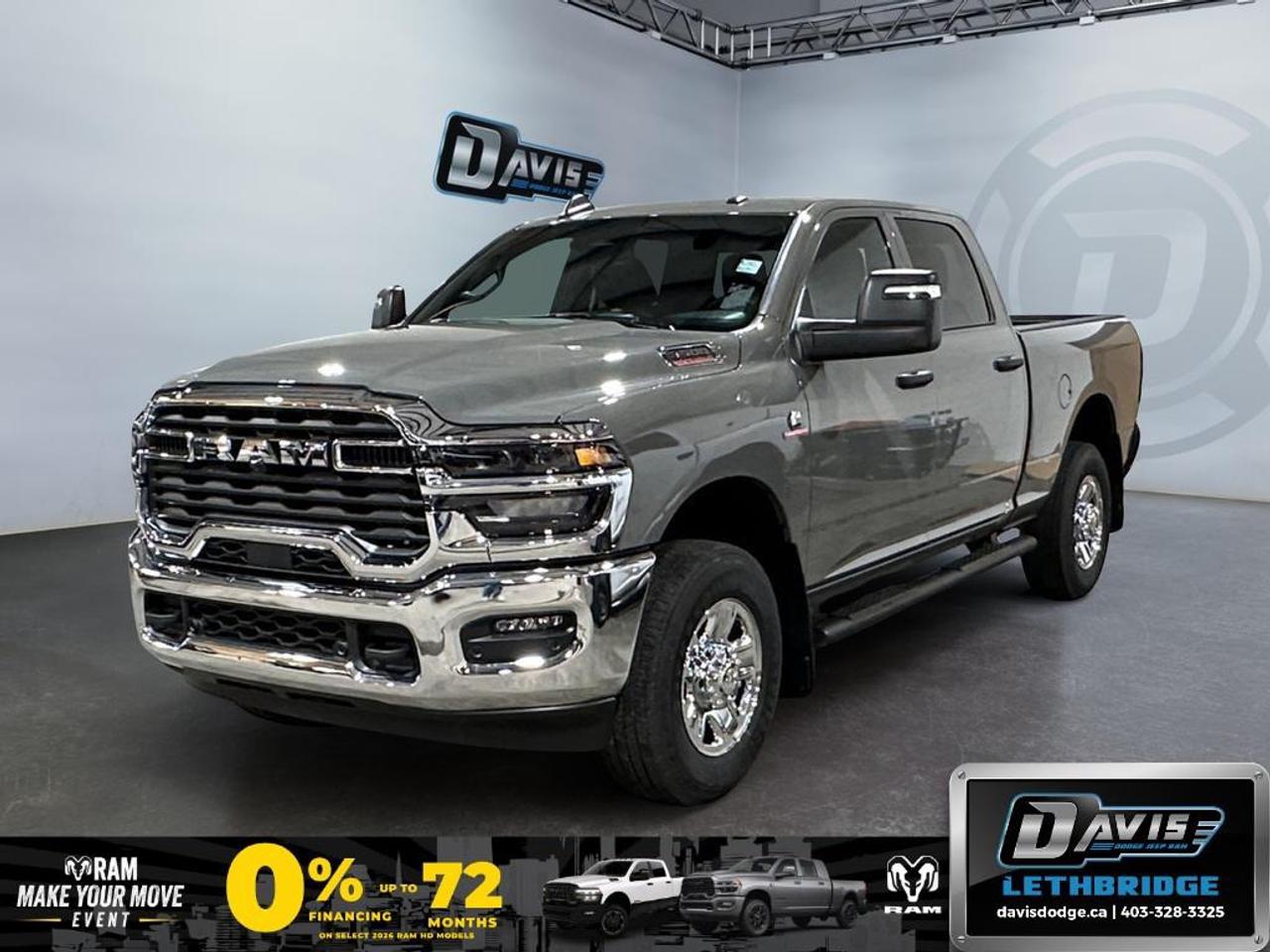 <b>5th Wheel and Gooseneck Prep, Blind Spot Monitoring, Trailer Tow Pages, Collision Mitigation!<br /> <br /></b><br /> The 2026 Ram 3500 Tradesman delivers uncompromising heavy-duty capability with its 6.7L Cummins High-Output Turbo Diesel engine and 8-speed TorqueFlite automatic transmission. Built for serious towing and hauling, it includes an anti-spin rear differential, trailer brake control, Class V hitch, 5th-wheel/gooseneck prep, and a durable 6-ft box with a spray-in bedliner and LED bed lighting.<br /><br />Inside the Crew Cab, the Tradesman offers practical comfort with cloth 40/20/40 seating, rear folding seats, carpet flooring, power windows, push-button start, and dual-zone automatic climate control. The Uconnect 5 NAV system features a 12-inch touchscreen with Apple CarPlay, Android Auto, Alexa Built-In, Wi-Fi hotspot, trailer tow pages, and off-road info pages for full connectivity on the job.<br /><br />Safety and visibility come standard with Forward Collision Warning Plus, Adaptive Cruise Control with Stop, ParkSense front and rear assist, Blind-Spot Monitoring, LED headlights and fog lamps, a rear backup camera, and running-light-equipped tow mirrors. Finished in Ceramic Grey with chrome bumpers, tubular side steps, and heavy-duty suspension, this Ram 3500 Tradesman is purpose-built for power, durability, and everyday work.<br /> <br />To apply right now for financing use this link: <a href=https://lethbridge.davisdodge.ca/free-credit-check/ target=_blank rel=nofollow noopener noreferrer>https://lethbridge.davisdodge.ca/free-credit-check/</a><br /> <br /><br />As a premier Chrysler, Dodge, Jeep and RAM dealership, Davis Dodge proudly offers an extensive selection of new and used vehicles to meet every drivers needs. Customers across Lethbridge, Fort Macleod, Taber, Claresholm, Coaldale, and beyond trust us for daily vehicle specials, certified service and parts, and a seamless online inventory experience. <br /><br /> With competitive financing options and expert support, we make car buying easy and enjoyable. <br /><br /> Ready to hit the road? Schedule your test drive today at Davis Dodge, your trusted Chrysler, Dodge, Jeep and RAM dealer in Lethbridge, Alberta.<br /><br /> Vehicle pricing offer shown expires 2026-06-30. <br /> Come by and check out our fleet of 60+ used cars and trucks and 100+ new cars and trucks for sale in Lethbridge. o~o