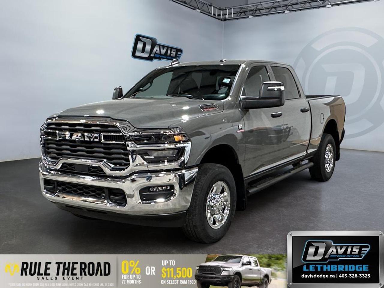 <b>5th Wheel and Gooseneck Prep, Blind Spot Monitoring, Trailer Tow Pages, Collision Mitigation!<br /> <br /></b><br /> The 2026 Ram 3500 Tradesman delivers uncompromising heavy-duty capability with its 6.7L Cummins High-Output Turbo Diesel engine and 8-speed TorqueFlite automatic transmission. Built for serious towing and hauling, it includes an anti-spin rear differential, trailer brake control, Class V hitch, 5th-wheel/gooseneck prep, and a durable 6-ft box with a spray-in bedliner and LED bed lighting.<br /><br />Inside the Crew Cab, the Tradesman offers practical comfort with cloth 40/20/40 seating, rear folding seats, carpet flooring, power windows, push-button start, and dual-zone automatic climate control. The Uconnect 5 NAV system features a 12-inch touchscreen with Apple CarPlay, Android Auto, Alexa Built-In, Wi-Fi hotspot, trailer tow pages, and off-road info pages for full connectivity on the job.<br /><br />Safety and visibility come standard with Forward Collision Warning Plus, Adaptive Cruise Control with Stop, ParkSense front and rear assist, Blind-Spot Monitoring, LED headlights and fog lamps, a rear backup camera, and running-light-equipped tow mirrors. Finished in Ceramic Grey with chrome bumpers, tubular side steps, and heavy-duty suspension, this Ram 3500 Tradesman is purpose-built for power, durability, and everyday work.<br /> <br />To apply right now for financing use this link: <a href=https://lethbridge.davisdodge.ca/free-credit-check/ target=_blank rel=nofollow noopener noreferrer>https://lethbridge.davisdodge.ca/free-credit-check/</a><br /> <br /><br />As a premier Chrysler, Dodge, Jeep and RAM dealership, Davis Dodge proudly offers an extensive selection of new and used vehicles to meet every drivers needs. Customers across Lethbridge, Fort Macleod, Taber, Claresholm, Coaldale, and beyond trust us for daily vehicle specials, certified service and parts, and a seamless online inventory experience. <br /><br /> With competitive financing options and expert support, we make car buying easy and enjoyable. <br /><br /> Ready to hit the road? Schedule your test drive today at Davis Dodge, your trusted Chrysler, Dodge, Jeep and RAM dealer in Lethbridge, Alberta.<br /><br /> Vehicle pricing offer shown expires 2026-07-31. <br /> Come by and check out our fleet of 50+ used cars and trucks and 110+ new cars and trucks for sale in Lethbridge. o~o