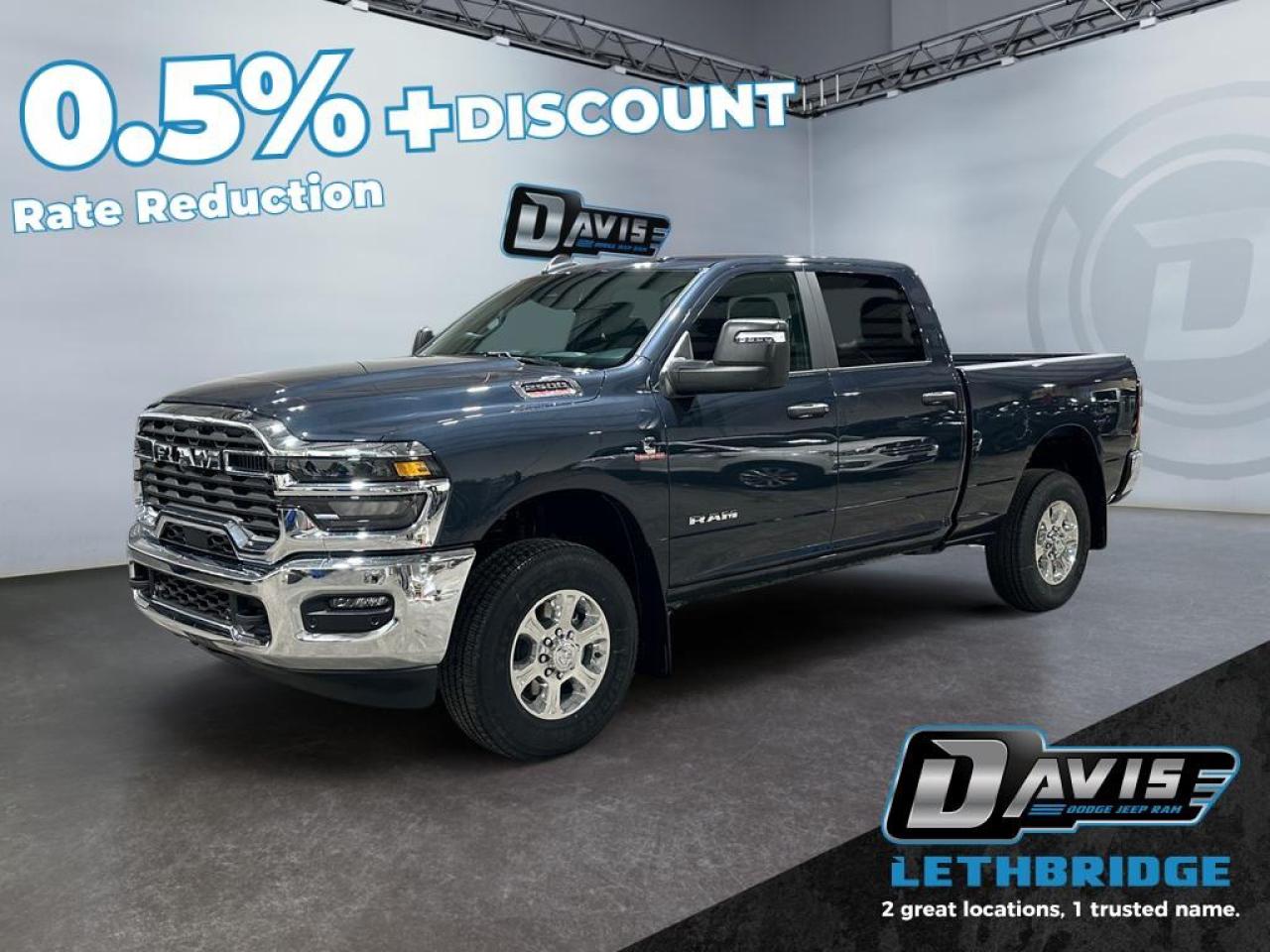 <b>Power Mirrors, Trailer Brake, ParkSense, Adaptive Cruise Control, Mobile Hotspot, Collision Mitigation!<br /> <br /></b><br /> <br /> <br />Drive with confidence and capability in the 2026 Ram 2500 Bighorn in Forged Blue Metallic. Powered by a 6.7L Cummins Turbo Diesel I6 engine and paired with an 8-speed TorqueFlite automatic transmission and 4x4 drivetrain, this truck delivers heavy-duty towing with Class V hitch, trailer brake control, and anti-spin rear differential.<br /><br />The interior features premium 40/20/40 cloth bench seating, Uconnect 5 with 8.4-inch touchscreen, Apple CarPlay, Android Auto, Bluetooth, SiriusXM, and 6-speaker audio, along with power driver seat, folding flat-load floor storage, rear 60/40 split bench, and overhead console for comfort and convenience. Safety is prioritized with adaptive cruise control with stop, ParkSense front/rear park assist, ParkView rear backup camera, LED lighting, and advanced airbags.<br /><br />Equipped with heavy-duty suspension, Firestone tires on 18-inch polished aluminum wheels, capless fuel fill, tow hooks, and Black Matte grille with chrome accents, the 2026 Ram 2500 Bighorn combines rugged capability with smart, functional design.<br /> <br />To apply right now for financing use this link: <a href=https://lethbridge.davisdodge.ca/free-credit-check/ target=_blank rel=nofollow noopener noreferrer>https://lethbridge.davisdodge.ca/free-credit-check/</a><br /><br /> <br /><br />As a premier Chrysler, Dodge, Jeep and RAM dealership, Davis Dodge proudly offers an extensive selection of new and used vehicles to meet every drivers needs. Customers across Lethbridge, Fort Macleod, Taber, Claresholm, Coaldale, and beyond trust us for daily vehicle specials, certified service and parts, and a seamless online inventory experience. <br /><br /> With competitive financing options and expert support, we make car buying easy and enjoyable. <br /><br /> Ready to hit the road? Schedule your test drive today at Davis Dodge, your trusted Chrysler, Dodge, Jeep and RAM dealer in Lethbridge, Alberta.<br /><br /> Vehicle pricing offer shown expires 2026-03-31. <br /> Come by and check out our fleet of 60+ used cars and trucks and 120+ new cars and trucks for sale in Lethbridge. o~o