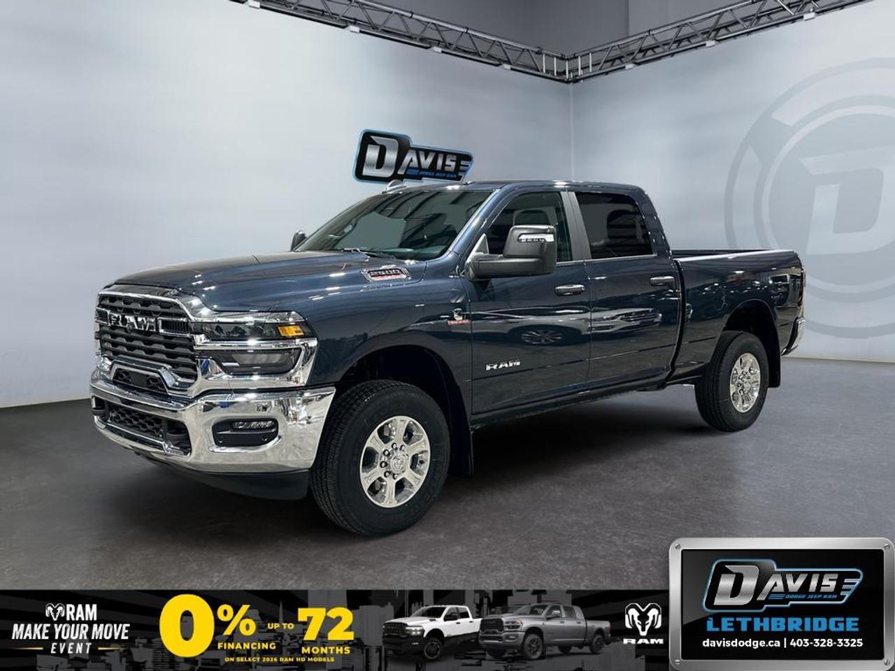 <b>Power Mirrors, Trailer Brake, ParkSense, Adaptive Cruise Control, Mobile Hotspot, Collision Mitigation!<br /> <br /></b><br /> Drive with confidence and capability in the 2026 Ram 2500 Bighorn in Forged Blue Metallic. Powered by a 6.7L Cummins Turbo Diesel I6 engine and paired with an 8-speed TorqueFlite automatic transmission and 4x4 drivetrain, this truck delivers heavy-duty towing with Class V hitch, trailer brake control, and anti-spin rear differential.<br /><br />The interior features premium 40/20/40 cloth bench seating, Uconnect 5 with 8.4-inch touchscreen, Apple CarPlay, Android Auto, Bluetooth, SiriusXM, and 6-speaker audio, along with power driver seat, folding flat-load floor storage, rear 60/40 split bench, and overhead console for comfort and convenience. Safety is prioritized with adaptive cruise control with stop, ParkSense front/rear park assist, ParkView rear backup camera, LED lighting, and advanced airbags.<br /><br />Equipped with heavy-duty suspension, Firestone tires on 18-inch polished aluminum wheels, capless fuel fill, tow hooks, and Black Matte grille with chrome accents, the 2026 Ram 2500 Bighorn combines rugged capability with smart, functional design.<br /> <br />To apply right now for financing use this link: <a href=https://lethbridge.davisdodge.ca/free-credit-check/ target=_blank rel=nofollow noopener noreferrer>https://lethbridge.davisdodge.ca/free-credit-check/</a><br /> <br /><br />As a premier Chrysler, Dodge, Jeep and RAM dealership, Davis Dodge proudly offers an extensive selection of new and used vehicles to meet every drivers needs. Customers across Lethbridge, Fort Macleod, Taber, Claresholm, Coaldale, and beyond trust us for daily vehicle specials, certified service and parts, and a seamless online inventory experience. <br /><br /> With competitive financing options and expert support, we make car buying easy and enjoyable. <br /><br /> Ready to hit the road? Schedule your test drive today at Davis Dodge, your trusted Chrysler, Dodge, Jeep and RAM dealer in Lethbridge, Alberta.<br /><br /> Vehicle pricing offer shown expires 2026-06-30. <br /> Come by and check out our fleet of 60+ used cars and trucks and 100+ new cars and trucks for sale in Lethbridge. o~o