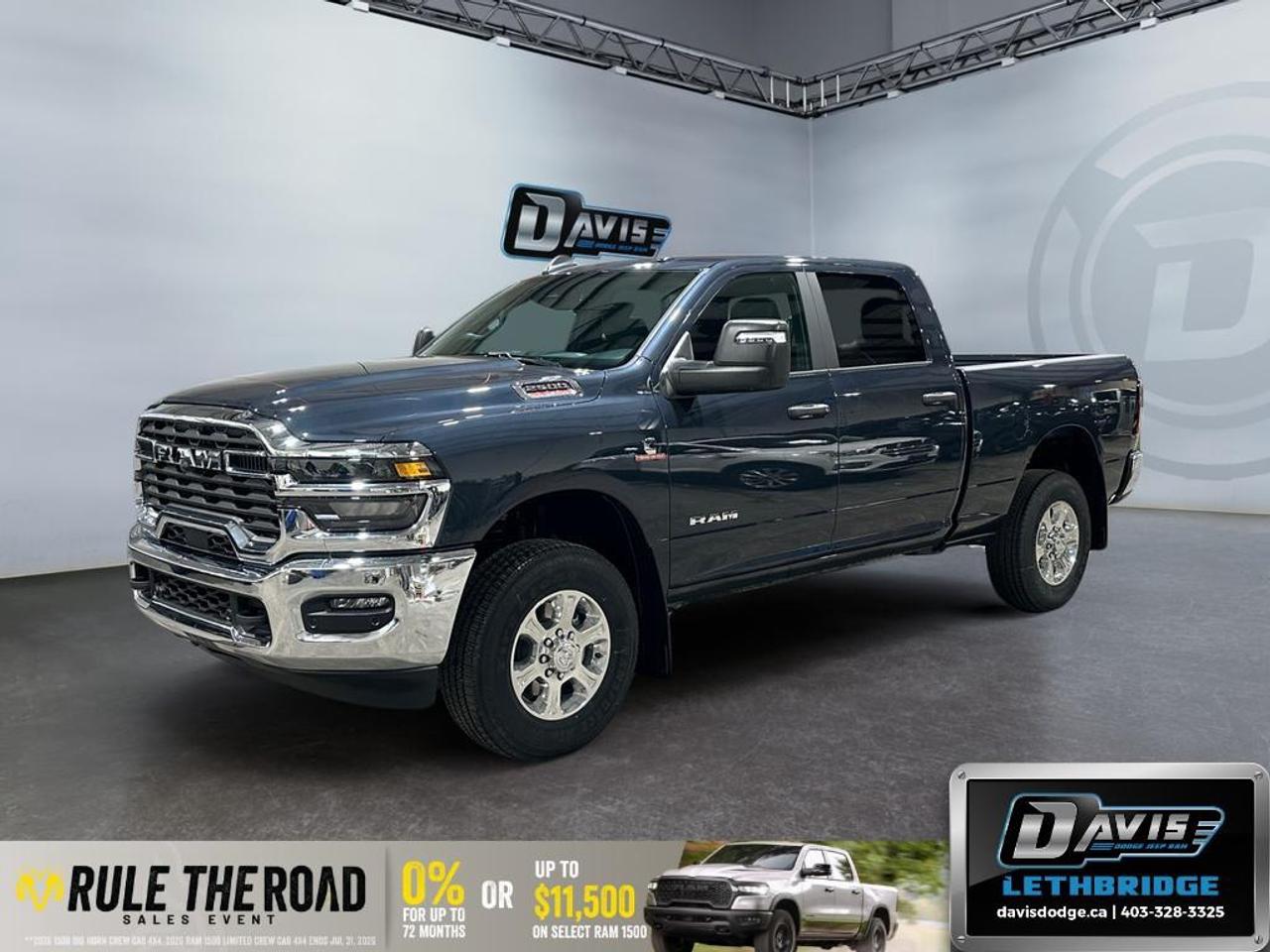 <b>Power Mirrors, Trailer Brake, ParkSense, Adaptive Cruise Control, Mobile Hotspot, Collision Mitigation!<br /> <br /></b><br /> Drive with confidence and capability in the 2026 Ram 2500 Bighorn in Forged Blue Metallic. Powered by a 6.7L Cummins Turbo Diesel I6 engine and paired with an 8-speed TorqueFlite automatic transmission and 4x4 drivetrain, this truck delivers heavy-duty towing with Class V hitch, trailer brake control, and anti-spin rear differential.<br /><br />The interior features premium 40/20/40 cloth bench seating, Uconnect 5 with 8.4-inch touchscreen, Apple CarPlay, Android Auto, Bluetooth, SiriusXM, and 6-speaker audio, along with power driver seat, folding flat-load floor storage, rear 60/40 split bench, and overhead console for comfort and convenience. Safety is prioritized with adaptive cruise control with stop, ParkSense front/rear park assist, ParkView rear backup camera, LED lighting, and advanced airbags.<br /><br />Equipped with heavy-duty suspension, Firestone tires on 18-inch polished aluminum wheels, capless fuel fill, tow hooks, and Black Matte grille with chrome accents, the 2026 Ram 2500 Bighorn combines rugged capability with smart, functional design.<br /> <br />To apply right now for financing use this link: <a href=https://lethbridge.davisdodge.ca/free-credit-check/ target=_blank rel=nofollow noopener noreferrer>https://lethbridge.davisdodge.ca/free-credit-check/</a><br /> <br /><br />As a premier Chrysler, Dodge, Jeep and RAM dealership, Davis Dodge proudly offers an extensive selection of new and used vehicles to meet every drivers needs. Customers across Lethbridge, Fort Macleod, Taber, Claresholm, Coaldale, and beyond trust us for daily vehicle specials, certified service and parts, and a seamless online inventory experience. <br /><br /> With competitive financing options and expert support, we make car buying easy and enjoyable. <br /><br /> Ready to hit the road? Schedule your test drive today at Davis Dodge, your trusted Chrysler, Dodge, Jeep and RAM dealer in Lethbridge, Alberta.<br /><br /> Vehicle pricing offer shown expires 2026-07-31. <br /> Come by and check out our fleet of 50+ used cars and trucks and 110+ new cars and trucks for sale in Lethbridge. o~o