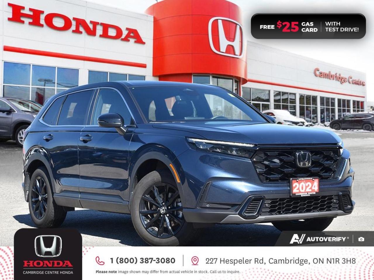 <p><strong>HONDA CERTIFIED USED VEHICLE! VERY LOW MILEAGE! NO REPORTED ACCIDENTS! ONE PREVIOUS OWNER!</strong> 2024 Honda CR-V Hybrid EX-L featuring CVT transmission, five passenger seating, remote engine starter, rearview camera with dynamic guidelines, power sunroof, Apple CarPlay and Android Auto connectivity, Siri® Eyes Free compatibility, ECON mode, steering wheel mounted controls, cruise control, air conditioning, dual climate zones, heated front seats, 12V power outlet, proximity key entry, push button start, Idle stop, power mirrors, power locks, power windows, 60/40 split fold-down rear seatback, Anchors and Tethers for Children (LATCH), The Honda Sensing Technologies - Adaptive Cruise Control, Forward Collision Warning system, Collision Mitigation Braking system, Lane Departure Warning system, Lane Keeping Assist system, Road Departure Mitigation system, Traffic Jam Assist and Rear Cross Traffic Monitor, remote keyless entry, LED daytime running lights, electronic stability control and anti-lock braking system. Contact Cambridge Centre Honda for special discounted finance rates, as low as 8.99%, on approved credit from Honda Financial Services.</p>

<p><span style=color:#ff0000><strong>FREE $25 GAS CARD WITH TEST DRIVE!</strong></span></p>

<p>Our philosophy is simple. We believe that buying and owning a car should be easy, enjoyable and transparent. Welcome to the Cambridge Centre Honda Family! Cambridge Centre Honda proudly serves customers from Cambridge, Kitchener, Waterloo, Brantford, Hamilton, Waterford, Brant, Woodstock, Paris, Branchton, Preston, Hespeler, Galt, Puslinch, Morriston, Roseville, Plattsville, New Hamburg, Baden, Tavistock, Stratford, Wellesley, St. Clements, St. Jacobs, Elmira, Breslau, Guelph, Fergus, Elora, Rockwood, Halton Hills, Georgetown, Milton and all across Ontario!</p>