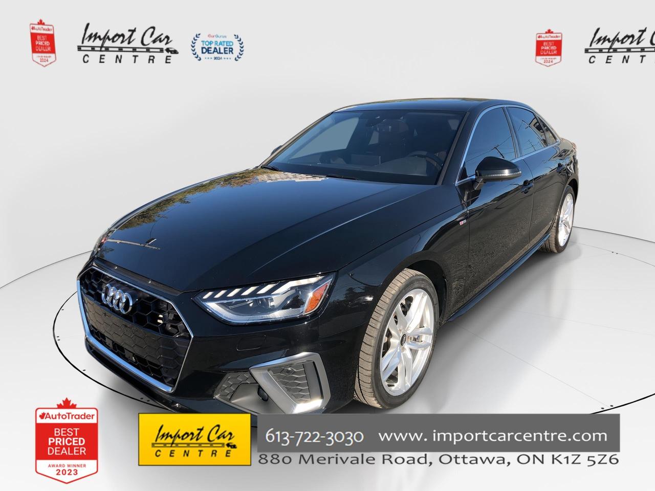 *** 2024 AUTOTRADER BEST PRICED DEALER AWARD 2024 * CARGURUS TOP RATED DEALER 2024 * NO ACCIDENTS * SMETANA APPROVED ***  The Audi A4 represents fantastic value for your hard earned dollar, has incredible Quattro all wheel drive handling, is loaded with equipment and a plethora of safety features!!  Finished in Mythos Black Metallic with gorgeous contrasting Okapi Brown leather seating surfaces, S Line, thigh extensions, comfort seats, 18 alloys, moonroof, park distance control, keyless access, heated seats and ventilated seats, 2 stage drivers seat memory, paddle shifters, Audi Drive Select, start/stop function, traction control, hill decent, SiriusSM radio, dual zone climate control, Audi Vitrual Cockpit, navigation, Bang and Olufsen sound system, backup camera, 360 camera, power folding mirrors, Qi-wireless charging, leather wrapped steering wheel, rear cross traffic monitor, distance warning, traffic jam assist, active lane assist, Audi Pre Sense, Audi Side Assist, speed warning, Audi Adaptive Cruise Control, distance warning, only 56,000kms all compliment this stunning 2023 Audi A4 Quattro Technik Sline.  Perfection and beyond!!  Home of the Platinum up to 240,000kms warranty and financing is always available O.A.C Import Car Centre, proudly serving the Ottawa and surrounding area for over 45 years. Come down and experience Import Car Centre for yourself and see just why our customers are so happy!  Advertised price includes $22 OMVIC fee and $40 Carproof.  Excludes taxes and licensing.<

 #importcarcentre #smetanaapproved #iccs