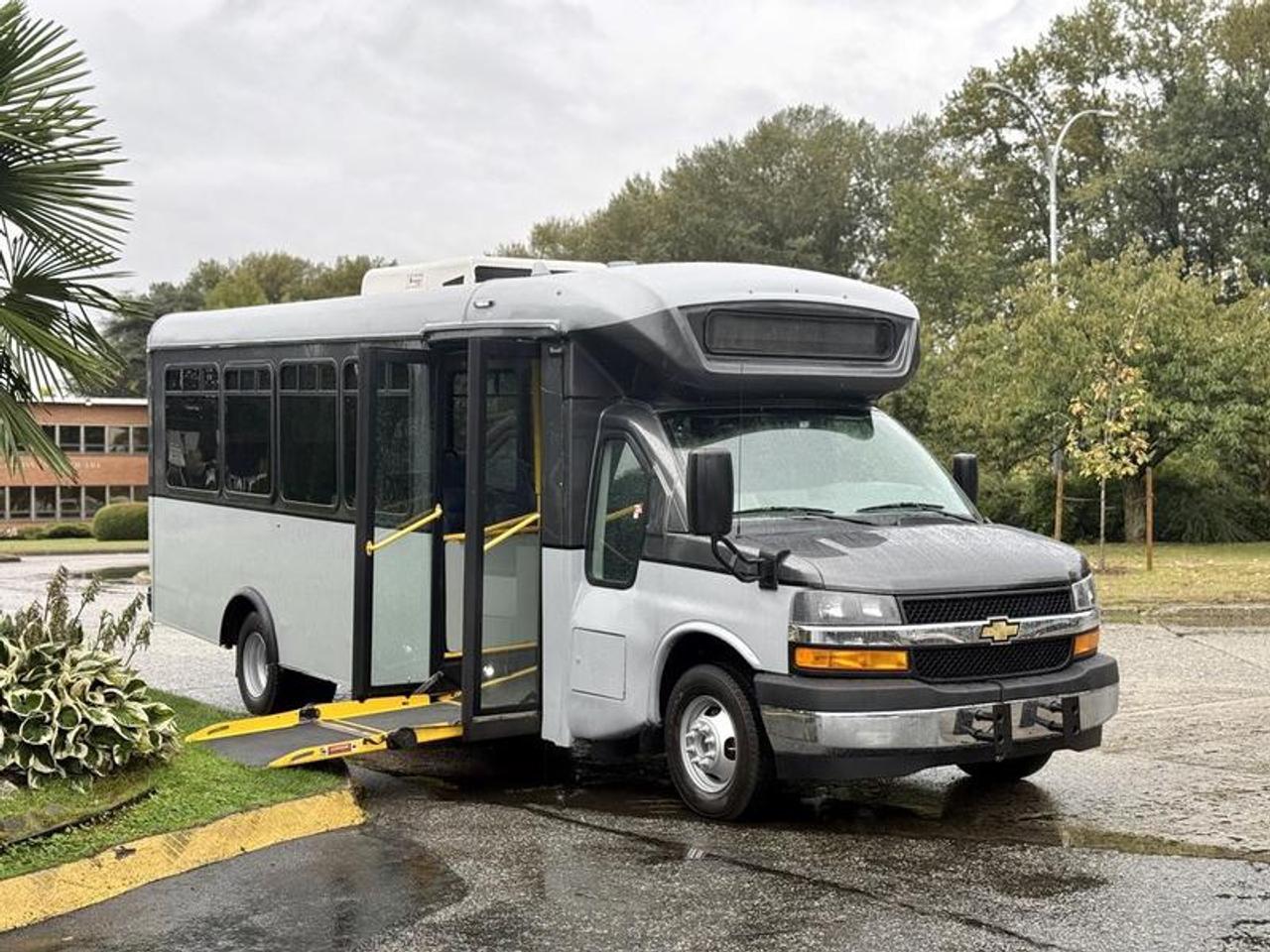 2020 Chevrolet Express 4500 22-passenger bus with wheelchair ramp, powered by a 6.0L V8 engine, automatic transmission, and rear-wheel drive. This accessible transport vehicle includes a wheelchair ramp with dedicated ramp heat and control switches, interior lighting controls, and a master body switch for simplified operation. Inside, the bus accommodates 22 passengers including the driver and is equipped with vinyl seating, rear heat and air conditioning, and an AM/FM radio. Finished in grey with a blue interior, this full-size wheelchair-accessible bus is ideal for shuttle services, care facilities, or community transport programs. Overall vehicle dimensions are 244 inches long, 79 inches wide, and 84 inches high. GVWR is 6,441 kg (14,200 lbs). This item is currently OFFSITE. You must register an appointment with our office to schedule an offsite viewing. Appointments must be made a minimum of one business day in advance (and as defined by the days that Repo.com is open for business) before your appointment can be scheduled and confirmed. We may, at our own discretion, instead opt to transport smaller items to Repo.coms main yard for viewing purposes.  $28,810.00 plus $375 processing fee, $29,185.00 total payment obligation before taxes.   Listing report, warranty, contract commitment cancellation fee, financing available on approved credit (some limitations and exceptions may apply). All above specifications and information is considered to be accurate but is not guaranteed and no opinion or advice is given as to whether this item should be purchased. We do not allow test drives due to theft, fraud, acts of vandalism and undetectable impaired driving. Instead we provide the following benefits: Complimentary Warranty (with options to extend), Limited Money Back Satisfaction Guarantee on Fully Completed Contracts, Contract Commitment Cancellation, and an Open-Ended Sell-Back Option. Ask seller for details or call 604-522-REPO(7376) to confirm listing availability.