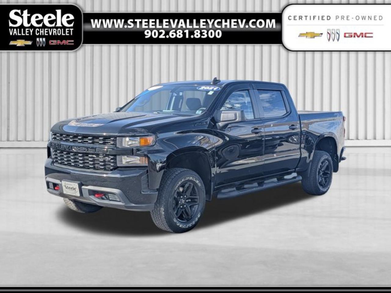 GM Certified 150+ Point InspectionNew Front Brakes: Pads and RotorsTransmission ServiceAlignmentOil change and Fresh filters all aroundUpdated Pricing! Value Market Pricing, 6-Speed Automatic Electronic with Overdrive, 4WD, Cloth, 3.5 Diagonal Monochromatic Display, 40/20/40 Front Split Bench Seat, 4G LTE Wi-Fi Hot Spot Capable, 6 Speakers, ABS brakes, Alloy wheels, Auto-Locking Rear Differential, Custom Convenience Package, Dual front impact airbags, Dual front side impact airbags, Electric Rear-Window Defogger, Electronic Stability Control, EZ Lift Power Lock & Release Tailgate, Front anti-roll bar, Front reading lights, Front Rubberized Vinyl Floor Mats, Front wheel independent suspension, Hitch Guidance, LED Cargo Area Lighting, Low tire pressure warning, Manual Tilt Wheel Steering Column, Occupant sensing airbag, Off-Road Suspension w/2 Lift, Overhead airbag, Performance Red Recovery Hooks, Power Door Locks, Power door mirrors, Power Front Windows w/Driver Express Up/Down, Power Front Windows w/Passenger Express Down, Power Rear Windows w/Express Down, Power steering, Power windows, Radio: Chevrolet Infotainment 3 System, Rear 60/40 Folding Bench Seat (Folds Up), Remote Keyless Entry, Remote keyless entry, Remote Vehicle Starter System, Security system, SiriusXM, Speed-sensing steering, Split folding rear seat, Tachometer, Theft Deterrent System (Unauthorized Entry), Tilt steering wheel, Traction control, Trip computer, Wheels: 18 x 8.5 Black Painted Aluminum.Recent Arrival! H9f 2021 Chevrolet Silverado 1500 Custom Trail Boss 4WD 6-Speed Automatic Electronic with Overdrive EcoTec3 5.3L V8 Come see why were Annapolis Valleys go-to GM dealer for the best used vehicle deals! We dont inflate our prices ever. Instead, we use cutting-edge live market software to price our vehicles fairly and competitively, so you get the best deal upfront with no guesswork. Want proof? Just ask for a Market Pricing Report on any of our used vehicles well show you exactly how our pricing stacks up. No games, just great cars at great prices. Stop by today and lets get you behind the wheel of your next ride!At Steele Valley Chevrolet Buick GMC, we go the extra mile to ensure you drive away with confidence. Every used vehicle on our lot undergoes a rigorous reconditioning process and comes with a detailed vehicle history report, giving you full transparency and peace of mind. We believe everyone deserves a reliable vehicle, which is why we offer flexible financing solutions tailored to fit any budget or credit situation. When you shop with us, youre choosing quality, trust, and a seamless car-buying experience. Find your next vehicle today at Steele Valley Chevrolet Buick GMC you deserve the best!