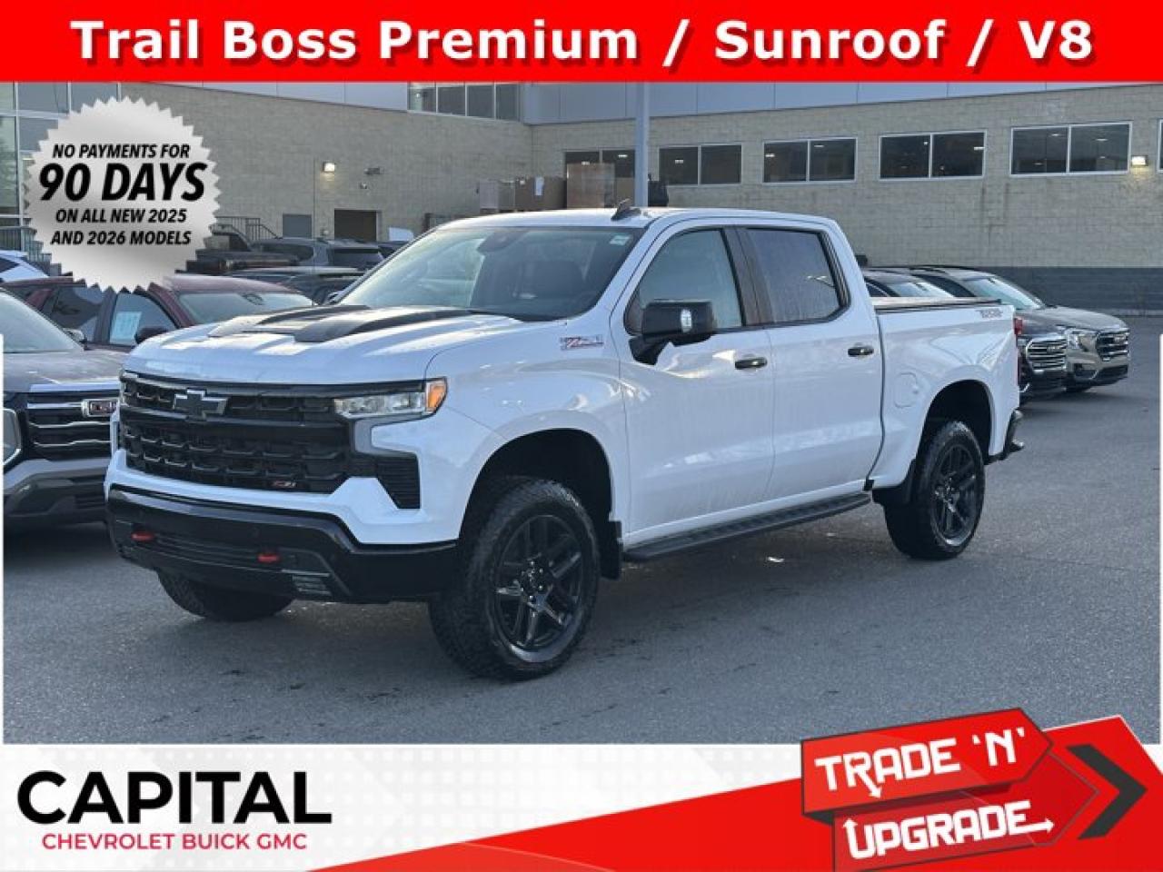 This Chevrolet Silverado 1500 delivers a Gas V8 5.3L/325 engine powering this Automatic transmission. TRANSMISSION, 10-SPEED AUTOMATIC WITH ELECTRONIC TRANSMISSION RANGE SELECTOR (ETRS), electronically controlled with overdrive, tow-haul mode and steering column paddle shifters. Includes Cruise Grade Braking and Powertrain Grade Braking, TAILGATE, MULTI-FLEX with six functional load/access features, NOTE: Auto release can be disabled if ball hitch is installed. See Owners manual for details, SUNROOF, POWER on Crew Cab models.* This Chevrolet Silverado 1500 Features the Following Options *LT TRAIL BOSS PREMIUM PACKAGE includes (PCM) Convenience Package II, (PQB) Safety Package, (CXH) Leather Package, (WPQ) Protection Package and (QT6) Power up/down tailgate , SEATS, FRONT BUCKET with centre console (Includes (EPH) Electronic Transmission Range Selector (console mounted)., REAR AXLE, 3.23 RATIO, LT TRAIL BOSS PREFERRED EQUIPMENT GROUP includes standard equipment, LPO, SOFT ROLLING TRUCK BED COVER (dealer-installed), LPO, OFF-ROAD HIGH CLEARANCE STEPS (dealer-installed), GVWR, 7100 LBS. (3221 KG), ENGINE, 5.3L ECOTEC3 V8 (355 hp [265 kW] @ 5600 rpm, 383 lb-ft of torque [518 Nm] @ 4100 rpm); featuring available Dynamic Fuel Management that enables the engine to operate in 17 different patterns between 2 and 8 cylinders, depending on demand, to optimize power delivery and efficiency (Includes (N10) dual exhaust.), ENGINE BLOCK HEATER, Wireless Phone Projection for Apple CarPlay and Android Auto.* Visit Us Today *Test drive this must-see, must-drive, must-own beauty today at Capital Chevrolet Buick GMC Inc., 13103 Lake Fraser Drive SE, Calgary, AB T2J 3H5.