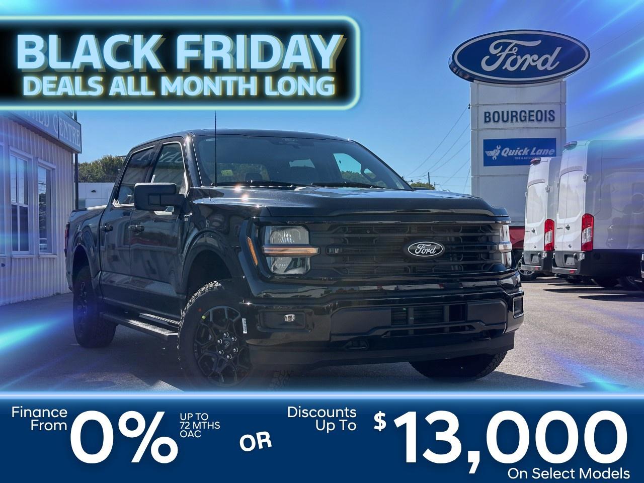 <p>Introducing the 2025 Ford F-150 XLT 4WD SuperCrew, a striking black powerhouse with an impressive 4×4 drivetrain. Designed for both rugged terrain and urban adventures, this vehicle offers unparalleled handling capability.</p> <p>With its bold black exterior, the F-150 XLT showcases Ford's distinctive styling alongside practical features. The trucks interior is equally appealing, boasting a comfortable black cabin that is equipped with modern conveniences like air conditioning for optimal comfort in any season.</p> <p>This state-of-the-art truck includes a variety of technological innovations, such as Bluetooth connectivity, a backup camera, and smart device integration to keep you connected wherever you go. Safety is a top priority, with advanced features like lane assist, brake assist, and parking sensors to ensure peace of mind on the road.</p> <p>If you're a driver seeking a vehicle that combines power, style, and technology, the 2025 Ford F-150 XLT is the perfect match for you. Don't miss out on experiencing everything this exceptional truck has to offer; contact our dealership today for more information and make it yours!</p> <p><span style=color:rgb( 58 , 80 , 95 )>The discount shown on vehicle represents the </span><u>Cash Purchase</u><span style=color:rgb( 58 , 80 , 95 )> discount and is inclusive of all non-stackable and stackable cash purchase discounts from Ford of Canada and Bourgeois Motors Ltd. and is offered in lieu of sub-vented lease or finance rates. To get details on current discounts applicable to this and other vehicles in our inventory for Lease and Finance customer, see a member of our team. All offers for lease or finance are On Approved Credit (OAC).While every effort is made to ensure the accuracy of discounts and programs, programs are subject to change without notice </span><span style=color:rgb( 119 , 119 , 119 )>and may not be accurate or completely current. While every reasonable effort is made to ensure the accuracy of this data, we are not responsible for any errors or omissions contained on these pages.</span></p> <p><strong>Why Choose the Bourgeois Auto Group?</strong></p><p>For 80 years, Bourgeois Auto Group has been delivering exceptional automotive experiences. Our factor trained teams work to ensure you receive the shopping experience you deserve; whether you're looking for a new or new-to-you vehicle.</p><p>Shop 24/7 with our online showroom and chat service, ensuring convenience every step of the way. No hidden fees, full disclosure, and every pre-owned vehicle comes with a Carfax® report for peace of mind.</p><p>We offer a wide selection of pre-owned vehicles, all competitively priced using real-time market data. Get the best deal on your purchase and trade-in with our free Live Market Analysis report.</p><p>Looking to sell your car? We buy any make or modelno purchase required. Our simple to use online trade valuation tool will provide you with a clear, transparent selling experience whether you buy our car or not.</p><p>Backed by hundreds dedicated employees across 4 convenient locations, were here to meet all your automotive needs. Visit us in Midland or Parry Sound and explore our inventory or schedule your next service today.</p> <p><strong>Financing Your Next Vehicle with Bourgeois Motors Ford in Midland:</strong></p><p>At Bourgeois Motors Ford, we make financing your next vehicle simple and stress-free! Our team works with trusted lenders to find flexible options tailored to your budget. Drive away with confidenceapply today!</p><p>Take advantage of our online pre-qualification tool, backed by Equifax and TD Bank to find the payment that works for you. Simply <a href=https://www.bourgeoismotors.com/free-credit-check/ rel=nofollow><strong>CLICK HERE</strong></a><strong> </strong>to use our secure online credit tool with no impact to your credit.</p>