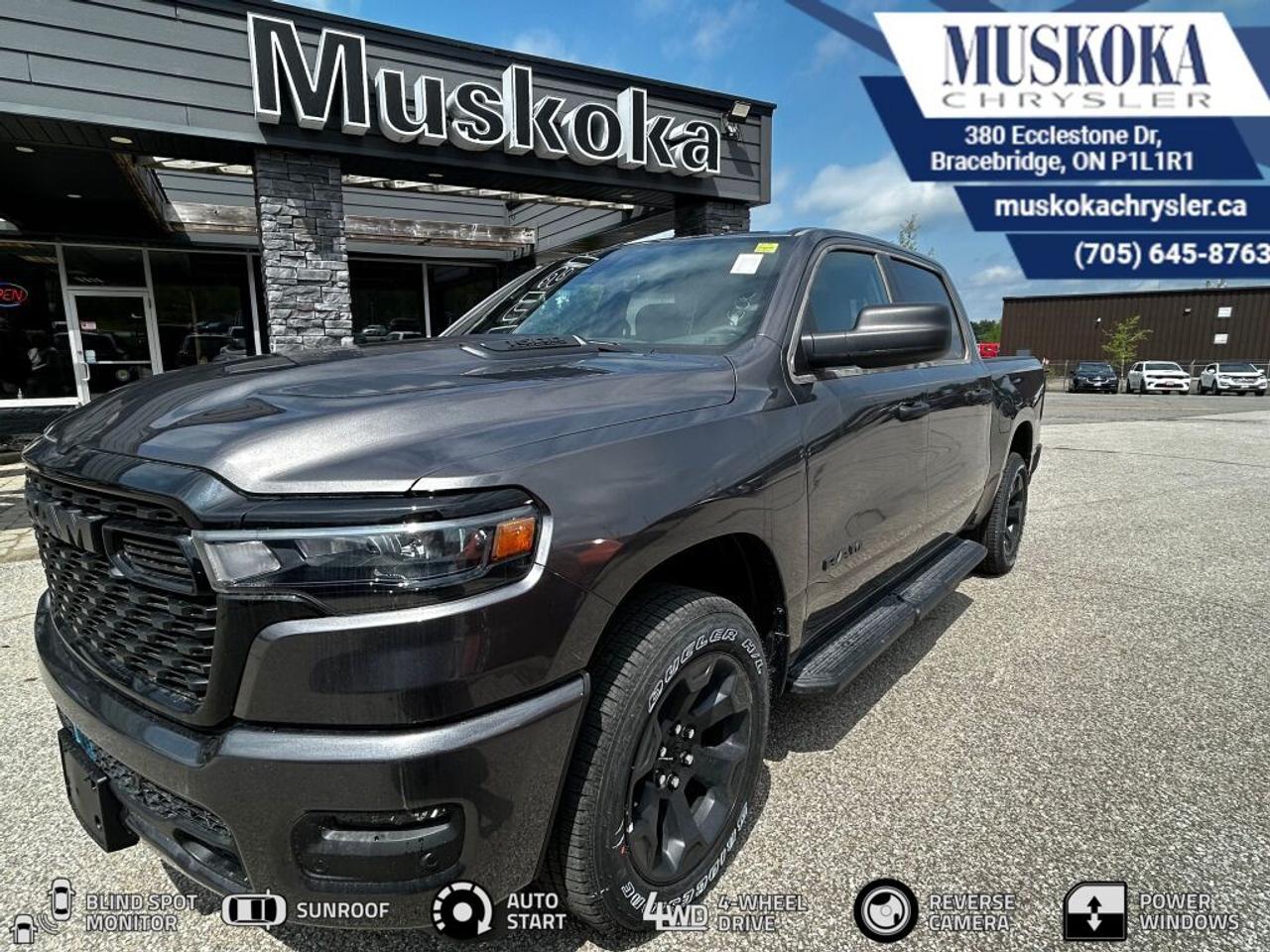 This RAM 1500 EXPRESS, with a 3.0L I-6 twin turbo engine engine, features a 8-speed automatic transmission, and generates 9.9 highway/13.2 city L/100km. Find this vehicle with only 21 kilometers!  RAM 1500 EXPRESS Options: This RAM 1500 EXPRESS offers a multitude of options. Technology options include: Voice Recorder, 2 LCD Monitors In The Front, MP3 Capability, Radio w/Seek-Scan, Clock, Speed Compensated Volume Control, Aux Audio Input Jack, Voice Activation, Radio Data System and External Memory Control, Satellite Radio.  Safety options include Variable Intermittent Wipers, Airbag Occupancy Sensor, Curtain 1st And 2nd Row Airbags, Dual Stage Driver And Passenger Front Airbags, Dual Stage Driver And Passenger Seat-Mounted Side Airbags.  Visit Us: Find this RAM 1500 EXPRESS at Muskoka Chrysler today. We are conveniently located at 380 Ecclestone Dr Bracebridge ON P1L1R1. Muskoka Chrysler has been serving our local community for over 40 years. We take pride in giving back to the community while providing the best customer service. We appreciate each and opportunity we have to serve you, not as a customer but as a friend