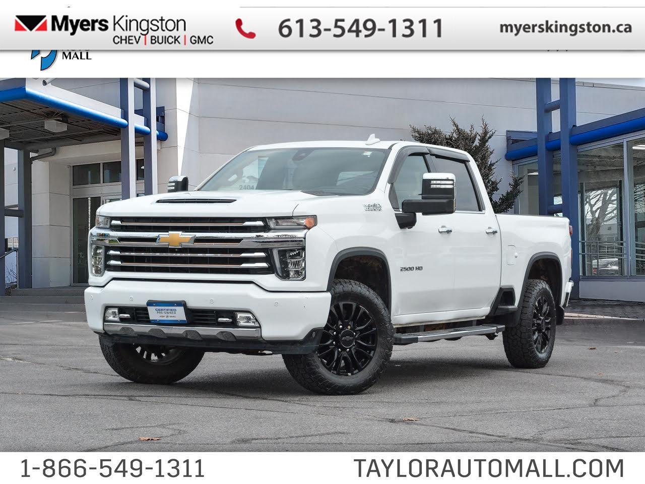 Navigation,  Wireless Charging,  Leather Seats,  Cooled Seats,  Premium Audio!  With all new and innovative features, this Silverado HD is ready to get the job done. This 2020 Chevrolet Silverado 2500HD is for sale today in Kingston.  This Silverado HD has been fully redesigned and is made with high-strength steel where you need it without compromising efficiency. From its frame to the cargo bed, this heavy-duty truck is designed with seven different types of steel, each gauge chosen to be stronger, lighter and more durable than the previous generation. The Silverado HD comes with more power, more cargo space, more towing, and less curb weight. Its amazing capability also includes next generation tech that will truly elevate your Heavy Duty Silverado to a higher level. This Crew Cab 4X4 pickup has 136,979 km. Its nice in colour and is completely accident free based on the CARFAX Report. It has an Automatic transmission and is powered by a 401HP 6.6L 8 Cylinder Engine.   Our Silverado 2500HDs trim level is High Country. This top of the range 2500HD High Country comes with an incredible amount of luxury and capability. It features premium leather seat with heating and cooling, a remote engine start, wireless charging, a large 8 inch touch screen and navigation, Chevrolet MyLink and voice-activated technology, 12 way power seats with driver memory, exterior assist steps and unique exterior accents. This truck also offers a premium Bose audio system, Apple CarPlay and Android Auto, an HD rear view camera, spray on bedliner, an EZ lift and lower tailgate, power heated exterior mirrors, a heated leather wrapped steering wheel, forward collision alert, lane keep assist plus Ultrasonic front and rear park assist and so much more. This vehicle has been upgraded with the following features: Navigation, Wireless Charging, Leather Seats, Cooled Seats, Premium Audio, Chrome Accents, Forward Collision Warning. To apply right now for financing use this link: https://www.taylorautomall.com/finance/apply-for-financing/  Buy this vehicle now for the lowest bi-weekly payment of $398.23 with $0 down for 96 months @ 8.99% APR O.A.C. ( Plus applicable taxes -  Plus applicable fees   ).  See dealer for details.  For more information, please call any of our knowledgeable used vehicle staff at (613) 549-1311! Come by and check out our fleet of 40+ used cars and trucks and 180+ new cars and trucks for sale in Kingston.  o~o