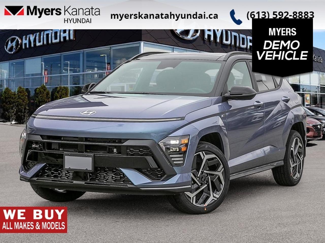 <b>Sunroof,  Power Liftgate,  Heated Seats,  Adaptive Cruise Control,  Heated Steering Wheel!</b><br> <br> With incredible safety features that help you stay on the road, this Kona lets you get further and see more than ever before.<br> <br>With more versatility than its tiny stature lets on, this Kona is ready to prove that big things can come in small packages. With an incredibly long feature list, this Kona is incredibly safe and comfortable, compatible with just about anything, and ready for lifes next big adventure. For distilled perfection in the busy crossover SUV segment, this Kona is the obvious choice.<br> <br>This Meta Blu W/abys coupe has an Automatic transmission and is powered by a 190HP 1.6L 4 Cylinder Engine. <br> <br> Our Konas trim level is N Line AWD w/Two-Tone Roof. This sporty compact SUV blends sharp design, modern technology, and everyday comfort in a well-balanced package. Inside, heated front sport seats with suede and leather upholstery accented in red, a heated leather steering wheel, and metallic interior trim create a premium, athletic feel. A 12.3-inch touchscreen infotainment system with wireless Android Auto and Apple CarPlay ensures seamless connectivity, while dual-zone automatic climate control, adaptive cruise control, remote start, and a smart power liftgate add convenience. Advanced safety features such as Blind-Spot Collision Warning, Lane Keep Assist, Forward Collision Avoidance with junction and pedestrian detection, and Rear Cross-Traffic Collision-Avoidance Assist provide confidence on every drive. This vehicle has been upgraded with the following features: Sunroof, Power Liftgate, Heated Seats, Adaptive Cruise Control, Heated Steering Wheel, Remote Start, Lane Keep Assist. This is a demonstrator vehicle driven by a member of our staff and has just 4395 km.<br><br> <br>To apply right now for financing use this link: <a href=https://www.myerskanatahyundai.com/finance/ target=_blank>https://www.myerskanatahyundai.com/finance/</a><br> <br/>This vehicle may qualify for $500 Military Program Bonus. 5.99% financing for 96 months. <br> Buy this vehicle now for the lowest weekly payment of <b>$137.14</b> with $0 down for 96 months @ 5.99% APR O.A.C. ( Plus applicable taxes - $2596 and licensing fees **Rebates may not be applicable on all purchase types [cash, lease, or finance]. Eligibility and conditions may vary. Please see dealer for full details and confirmation of eligibility. ). Incentives expire 2026-08-31. See dealer for details. <br><br>This vehicle is located at Myers Kanata Hyundai 400-2500 Palladium Dr Kanata, Ontario. <br><br> Come by and check out our fleet of 40+ used cars and trucks and 190+ new cars and trucks for sale in Kanata.  o~o