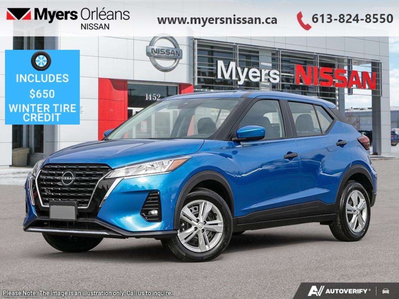 <b>Apple CarPlay,  Android Auto,  Lane Departure Warning,  Blind Spot Detection,  Rear Park Assist!</b><br> <br> <br> <br>FREE WINTER TIRES !! ***<br> <br>This Kicks Play did not take any shortcuts, but it is offering you a shortcut to possibility. Make the most of every day with intelligent features that help you express your personal style and feel your playlist with the incredible infotainment system. It really is time you put you first, and this 2025 Kicks Play is here for it.<br> <br> This electric blue metallic SUV  has an automatic transmission and is powered by a  122HP 1.6L 4 Cylinder Engine.<br> <br> Our Kicks Plays trim level is S. Standard features include touchscreen infotainment with Apple CarPlay, Android Auto, Bluetooth, and Siri Eyes Free. The spirited performance is further enhanced with advanced safety features like emergency braking, lane departure warning, high beam assist, blind spot detection, rear parking sensors, and a rearview camera. This vehicle has been upgraded with the following features: Apple Carplay,  Android Auto,  Lane Departure Warning,  Blind Spot Detection,  Rear Park Assist,  Front Pedestrian Braking,  Remote Keyless Entry. <br><br> <br/> Total  rebate of $2000 is reflected in the price. Credit includes $2,000 Non-Stackable Dollars for Cash Purchase only, and is available in lieu of subvented financing rates.  Incentives expire 2026-02-02.  See dealer for details. <br> <br> <br>LEASING:<br><br>Estimated Lease Payment: $351/m <br>Payment based on 3.99% lease financing for 60 months with $0 down payment on approved credit.         Total obligation $21,066. Mileage allowance of 16,000 KM/year. Offer expires 2026-02-02.<br><br><br>We are proud to regularly serve our clients and ready to help you find the right car that fits your needs, your wants, and your budget.And, of course, were always happy to answer any of your questions.Proudly supporting Ottawa, Orleans, Vanier, Barrhaven, Kanata, Nepean, Stittsville, Carp, Dunrobin, Kemptville, Westboro, Cumberland, Rockland, Embrun , Casselman , Limoges, Crysler and beyond! Call us at (613) 824-8550 or use the Get More Info button for more information. Please see dealer for details. The vehicle may not be exactly as shown. The selling price includes all fees, licensing & taxes are extra. OMVIC licensed.Find out why Myers Orleans Nissan is Ottawas number one rated Nissan dealership for customer satisfaction! We take pride in offering our clients exceptional bilingual customer service throughout our sales, service and parts departments. Located just off highway 174 at the Jean DÀrc exit, in the Orleans Auto Mall, we have a huge selection of New vehicles and our professional team will help you find the Nissan that fits both your lifestyle and budget. And if we dont have it here, we will find it or you! Visit or call us today.<br> Come by and check out our fleet of 40+ used cars and trucks and 100+ new cars and trucks for sale in Orleans.  o~o