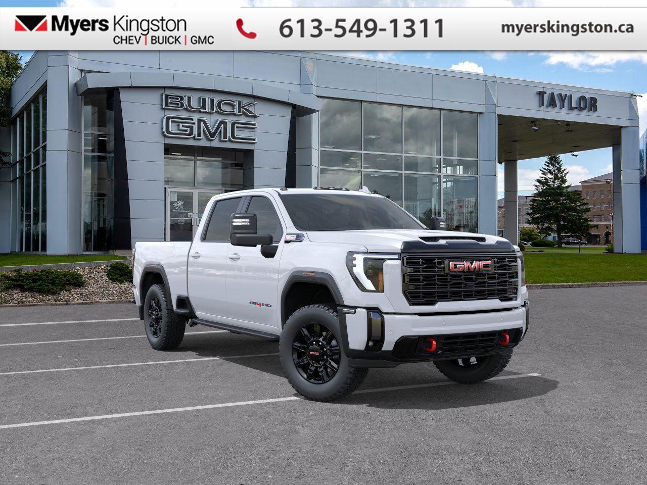 Off-Road Package,  Adaptive Cruise Control,  Wireless Charging,  360 Camera,  Park Assist!  Take on the most arduous of tasks with this incredibly potent 2026 GMC 2500HD.  This 2026 GMC 2500HD is highly configurable work truck that can haul a colossal amount of weight thanks to its potent drivetrain. This truck also offers amazing interior features that nestle occupants in comfort and luxury, with a great selection of tech features. For heavy-duty activities and even long-haul trips, the 2500HD is all the truck youll ever need. This Summit White sought after diesel Crew Cab 4X4 pickup has an Automatic transmission and is powered by a 470HP 6.6L 8 Cylinder Engine.   Our Sierra 2500HDs trim level is AT4. This trim rewards you with the X31 Off-Road Package built for rugged adventures with skid plates, Hill Descent Control, off-road suspension, and Rancho twin-tube shocks, plus red recovery hooks for added capability. It comes equipped with the Sierra HD Pro Safety suite, featuring Automatic Emergency Braking, Lane Departure Warning, Forward Collision Alert, and more, alongside advanced trailering technology like Hitch Guidance with Hitch View, the ProGrade Trailering System, and a spray-on bedliner with MultiPro Tailgate. Inside, you?ll find heated and ventilated leather seats, a Bose premium audio system, a 13.4 infotainment display with Google built-in, wireless Apple CarPlay/Android Auto, and wireless charging, while Adaptive Cruise Control, HD Surround Vision, and Trailer Side Blind Zone Alert add confidence on every drive. Rugged 20 black aluminum wheels, LED animated headlamps and taillamps, and body-colour accents complete the bold, off-road-ready design. This vehicle has been upgraded with the following features: Off-Road Package, Adaptive Cruise Control, Wireless Charging, 360 Camera, Park Assist, Cooled Seats, Heated Steering Wheel. To apply right now for financing use this link: https://www.taylorautomall.com/finance/apply-for-financing/  See dealer for details.  HST, licensing, and Federal luxury tax (if applicable) are extra.  Come by and check out our fleet of 40+ used cars and trucks and 180+ new cars and trucks for sale in Kingston.  o~o