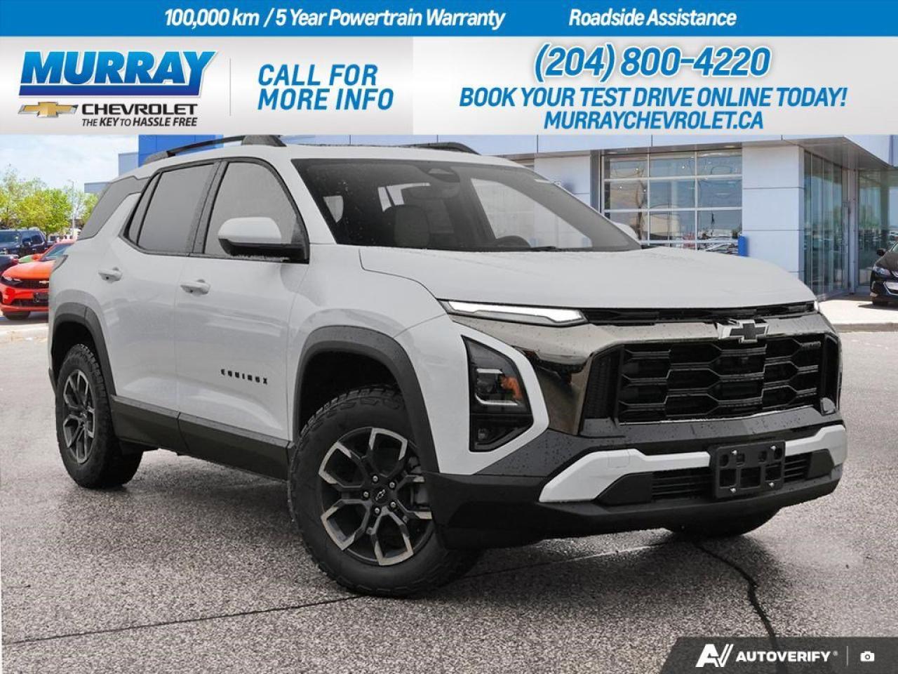 *POWER DUAL GLASS PANORAMIC SUNROOF* *ENGINE BLOCK HEATER* *1.5L TURBO DOHC 4-CYLINDER ENGINE*  Experience the perfect blend of elegance and power with the 2026 Chevrolet Equinox AWD ACTIV, now available at Murray Chevrolet Winnipeg. This sport utility vehicle stands out with its sleek Polar White Tricoat finish and a refined Maple Sugar Suede Microfiber interior, making every journey a statement of style and comfort. The Equinox is equipped with a *power dual glass panoramic sunroof*, allowing you to embrace the open skies and enhance your driving experience. Its *engine block heater* ensures quick starts even in the chilliest of Winnipeg mornings, while the robust *1.5L Turbo DOHC 4-Cylinder engine* delivers an exhilarating performance with efficiency at its core.  Step inside to discover a world of convenience and advanced safety features. The Convenience Package III ensures your comfort with ventilated front seats and heated rear outboard seats. The Safety and Technology Package offers cutting-edge support with HD Surround Vision, a Rear Camera Mirror, and Traffic Sign Recognition. The 8-speed automatic transmission seamlessly complements the vehicles dynamic engine, ensuring a smooth and responsive drive. Indulge in the connectivity of Bluetooth, WiFi hotspot, and smart device integration for ultimate control and entertainment on the go.  With its all-wheel-drive capability, the Equinox provides stability and confidence in various driving conditions. The hands-free power liftgate, lane departure warning, and adaptive cruise control are just a few of the features that make this SUV an excellent choice for those seeking a versatile and reliable vehicle. Visit us in Winnipeg to see why the Chevrolet Equinox AWD ACTIV is the ideal choice for your next adventure.  Dealer Permit #1740