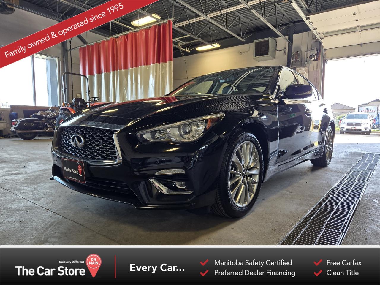2021 Infiniti Q50 Luxe – One Owner | No Accidents | Warranty Remaining 
 Key Features: 
 3.0L Twin-Turbo V6 with 300 Horsepower 
 Intelligent All-Wheel Drive 
 Leather-Appointed Interior with Power Adjustable Seats 
 Sunroof, Heated Seats & Heated Steering Wheel 
 Dual Touchscreen Infiniti InTouch System with Navigation 
 Apple CarPlay & Android Auto 
 Remote Start, Dual-Zone Climate Control, Backup Camera 
 One Owner | Fantastic Service Records | Factory Warranty Remaining 
 
 
 Performance Meets Refinement: 
 The 2021 Q50 Luxe combines bold styling, a powerful twin-turbo engine, and a refined interior that feels distinctly premium. Confident on the highway yet composed in the city, it’s the kind of sedan that makes every drive feel special. 
 
 
 Proven History, Ongoing Coverage: 
 With a single owner, a spotless accident history, and meticulous service records, this Q50 has clearly been cared for. Still covered under factory warranty for added peace of mind. 
 
 
 Our Take: 
 The Infiniti Q50 Luxe delivers luxury and performance without the pretense — a smart, confident choice for anyone who wants power, comfort, and value in one sleek sedan. 
 
 
 We are a local Family Owned business and we try to do things a little different. 
 
 At The Car Store on Main every vehicle is Manitoba Safety Certified. 
 Every vehicle sold is eligible for the Advantage Plan: 
 30 Day Warranty on all MB Safety certificate related items. 
 CarFax Vehicle History Report 
 2 sets of Keys 
 Wholesale access to all other Miscellaneous Accessories (i.e. Wtr Tires, Remote Starr, all misc vehicle accessories/parts, etc...) 
 And of course a Full tank of Gas. 
 
 There is no Gimmicks or games, we are always aggressive on our prices and try to separate ourselves from the rest. 
 We also have an on-site Certified Banker who shops to get the best possible interest rates in with all Major Banks and Credit Unions! 
 
 Come to our Brand New modern showroom and see what makes us Uniquely Different! 
 
 Located on Main St. just North of Chief Peguis Trail. 
 
 To schedule an appointment call us directly at 204-669-1248 or email sales@thecarstore.ca 
 
 The Car Store on Main 
 -Uniquely Different- 
 
 www.thecarstore.ca 
 Local: 204-669-1248 
 Toll Free: 877-634-2975 
 
 A local family owned business unlike typical car lots, there are no pressure tactics, no games, no gimmicks, no Sales Manager, General Manager or Used Car Manager, just straight answers and fair deals all the time! 
 
 *PRICE DOES NOT INCLUDE TAXES (G.S.T & P.S.T) 
 Dealer Permit # 4481
