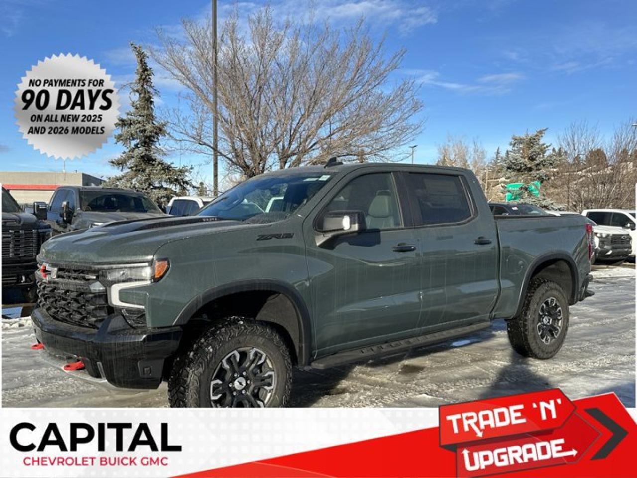 This Chevrolet Silverado 1500 delivers a Gas V8 6.2L/376 engine powering this Automatic transmission. ZR2 PREFERRED EQUIPMENT GROUP includes standard equipment, TRANSMISSION, 10-SPEED AUTOMATIC WITH ELECTRONIC TRANSMISSION RANGE SELECTOR (ETRS), electronically controlled with overdrive, tow-haul mode and steering column paddle shifters. Includes Cruise Grade Braking and Powertrain Grade Braking, SUNROOF, POWER on Crew Cab models.*This Chevrolet Silverado 1500 Comes Equipped with These Options *LPO, DARK ESSENTIALS PACKAGE includes (RIK) Black Silverado nameplates, along with where applicable, Black Custom/LT/RST/LTZ/High Country/6.2L/Duramax badges, LPO and (SB7) Black tailgate CHEVROLET lettering, LPO, (dealer-installed) , REAR AXLE, 3.23 RATIO, LPO, OFF-ROAD HIGH CLEARANCE STEPS (dealer-installed), LPO, BLACK NAMEPLATES (dealer-installed), LICENSE PLATE KIT, FRONT, GVWR, 7100 LBS. (3221 KG), ENGINE, 6.2L ECOTEC3 V8 (420 hp [313 kW] @ 5600 rpm, 460 lb-ft of torque [624 Nm] @ 4100 rpm); featuring Dynamic Fuel Management that enables the engine to operate in 17 different patterns between 2 and 8 cylinders, depending on demand, to optimize power delivery and efficiency, ENGINE BLOCK HEATER, CYPRESS GREY, ACTIVE EXHAUST Dual, sport-mode enabled.* Visit Us Today *Come in for a quick visit at Capital Chevrolet Buick GMC Inc., 13103 Lake Fraser Drive SE, Calgary, AB T2J 3H5 to claim your Chevrolet Silverado 1500!