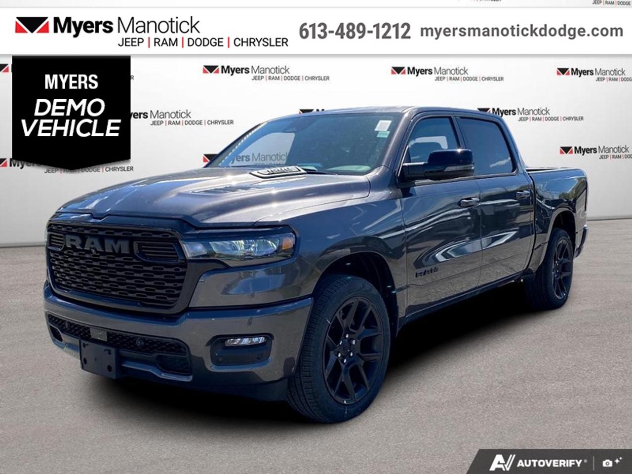 <b>Leather Seats,  Bucket Seats , Night Edition, Sunroof, Sport Performance Hood!</b><br> <br> Call 613-489-1212 to speak to our friendly sales staff today, or come by the dealership!<br> <br>The 2026 Ram 1500 delivers exceptional performance, refined comfort, and cutting-edge innovation for every road ahead.<br> <br>The Ram 1500s unmatched luxury transcends traditional pickups without compromising its capability. Loaded with best-in-class features, its easy to see why the Ram 1500 is so popular. With the most towing and hauling capability in a Ram 1500, as well as improved efficiency and exceptional capability, this truck has the grit to take on any task.<br> <br>This Granite Crystal Metallic Crew Cab 4X4 pickup has an Automatic transmission and is powered by a 420HP 3.0L Straight 6 Cylinder Engine. <br> <br> Our 1500s trim level is Sport. This Ram 1500 in Sport trim rewards you with front heated seats, a leather-wrapped heated steering wheel, a 360 camera system, a 10-speaker Alpine audio, and a 12-inch infotainment screen with inbuilt navigation, Apple CarPlay and Android Auto, and 4G LTE Wi-Fi hotspot. Additional features include class IV towing equipment, aluminum wheels, power adjustable pedals, intersection collision assist, evasion assist, lane keep assist with lane departure warning, and even more! This vehicle has been upgraded with the following features: Leather Seats, Bucket Seats , Night Edition, Sunroof, Sport Performance Hood. This is a demonstrator vehicle driven by a member of our staff and has just 3100 km.<br><br> View the original window sticker for this vehicle with this url <b><a href=http://www.chrysler.com/hostd/windowsticker/getWindowStickerPdf.do?vin=3C6SRFVP1T4150425 target=_blank>http://www.chrysler.com/hostd/windowsticker/getWindowStickerPdf.do?vin=3C6SRFVP1T4150425</a></b>.<br> <br>To apply right now for financing use this link: <a href=https://CreditOnline.dealertrack.ca/Web/Default.aspx?Token=3206df1a-492e-4453-9f18-918b5245c510&Lang=en target=_blank>https://CreditOnline.dealertrack.ca/Web/Default.aspx?Token=3206df1a-492e-4453-9f18-918b5245c510&Lang=en</a><br> <br/>Weve discounted this vehicle $4250. Total rebate of $8250 is reflected in the price. <br> Buy this vehicle now for the lowest weekly payment of <b>$237.75</b> with $0 down for 96 months @ 5.29% APR O.A.C. ( Plus applicable taxes - $1199 fees included in price **Rebates may not be applicable on all purchase types [cash, lease, or finance]. Eligibility and conditions may vary. Please see dealer for full details and confirmation of eligibility. ). Incentives expire 2026-07-31. See dealer for details. <br><br>If youre looking for a Dodge, Ram, Jeep, and Chrysler dealership in Ottawa that always goes above and beyond for you, visit Myers Manotick Dodge today! Were more than just great cars. We provide the kind of world-class Dodge service experience near Kanata that will make you a Myers customer for life. And with fabulous perks like extended service hours, our 30-day tire price guarantee, the Myers No Charge Engine/Transmission for Life program, and complimentary shuttle service, its no wonder were a top choice for drivers everywhere. Get more with Myers!<br> Come by and check out our fleet of 20+ used cars and trucks and 40+ new cars and trucks for sale in Manotick.  o~o