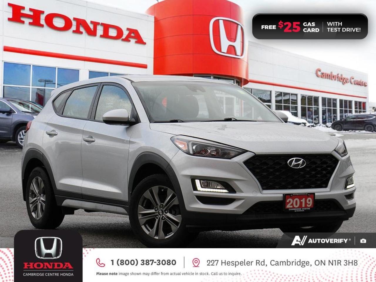 <p><strong>GREAT VEHICLE! NO REPORTED ACCIDENTS! TEST DRIVE TODAY!</strong> 2019 Hyundai Tucson featuring six speed automatic transmission, five passenger seating, rearview camera, AM/FM stereo system with USB and auxiliary inputs, Bluetooth, Apple CarPlay and Android Auto connectivity, remote keyless entry, power locks, power windows, cruise control, air conditioning, steering wheel mounted controls, child seat anchors, rear door safety child locks, tire pressure monitoring system, electronic stability control and anti-lock braking system. Contact Cambridge Centre Honda for special discounted finance rates, as low as 8.99% on approved credit.</p>

<p><span style=color:#ff0000><strong>FREE $25 GAS CARD WITH TEST DRIVE!</strong></span></p>

<p>Our philosophy is simple. We believe that buying and owning a car should be easy, enjoyable and transparent. Welcome to the Cambridge Centre Honda Family! Cambridge Centre Honda proudly serves customers from Cambridge, Kitchener, Waterloo, Brantford, Hamilton, Waterford, Brant, Woodstock, Paris, Branchton, Preston, Hespeler, Galt, Puslinch, Morriston, Roseville, Plattsville, New Hamburg, Baden, Tavistock, Stratford, Wellesley, St. Clements, St. Jacobs, Elmira, Breslau, Guelph, Fergus, Elora, Rockwood, Halton Hills, Georgetown, Milton and all across Ontario!</p>
