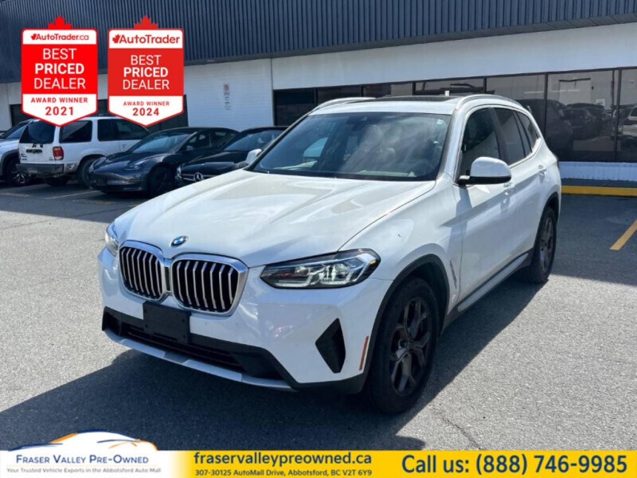 Low Mileage!
 
 Fraser Valley Pre-Owned is excited to showcase this immaculate 2023 BMW X3 xDrive30ia luxury crossover that nails the perfect balance of sportiness, comfort, and everyday usability. With only 19,003 km, a clean history and no accidents, this AWD beauty is just getting started.
 
Under the hood, BMWs 2.0L TwinPower Turbo engine delivers a lively 248 hp and 258 lb-ft of torque, paired with an 8-speed sport automatic transmission that adapts to your moodwhether youre feeling efficient, relaxed, or a little more spirited. And thanks to BMWs legendary xDrive all-wheel drive system, you can tackle rain, snow, or winding roads with confidence and ease.
 
Step inside and youll find everything you expect from a modern BMW (and then some):
Heated front seats & heated steering wheel - winter mornings solved.
Premium sound system with Apple CarPlay & Android Auto  your playlists, podcasts, and maps, seamless and wireless.
LED headlights, blind-spot monitoring, rear cross-traffic alert, and parking sensors  all the smart tech that makes every drive safer and stress-free.
Dual-zone climate control  no more passenger mutinies over the A/C dial.
Generous cargo space with push button trunk access  whether its Costco runs, ski trips, or luggage for a weekend escape.
 
With its low mileage, spotless history, and BMW engineering, this X3 is more than just a crossoverits a statement. Smooth when you want it, sporty when you need it, and refined every single kilometre in between.
 
Dont miss the chance to make this 2023 BMW X3 yours. Contact our Sales & Finance team at Fraser Valley Pre-Owned or apply for pre-approval today - your next drive deserves to feel this good.
 
To apply right now for financing use this link : https://www.fraservalleypreowned.ca/abbotsford-car-loan-application-british-columbia
 
 

| Our Quality Guarantee: We maintain the highest standard of quality that is required for a Pre-Owned Dealership to operate in an Auto Mall. We provide an independent 360-degree inspection report through licensed 3rd Party mechanic shops. Thus, our customers can rest assured each vehicle will be a reliable, and responsible purchase.  |  Purchase Disclaimer: Your selected vehicle may have a differing finance and cash prices. When viewing our vehicles on third party  marketplaces, please click over to our website to verify the correct price for the vehicle. The Sale Price on third party websites will always reflect the Finance Price of our vehicles. If you are making a Cash Purchase, please refer to our website for the Cash Price of the vehicle.  | All prices are subject to and do not include, a $995 Finance Fee, a $995 Document Fee, and a $150 GPS Lot Security fee.   These fees as well as taxes, are included in all listed listed payment quotes. Please speak with Dealer for full details and exact numbers.  o~o