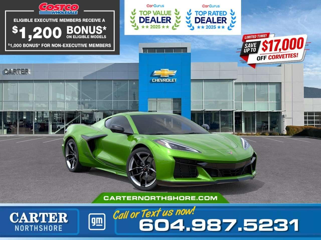 <b>Save up to $1,200 instantly with your Costco membership at Carter GM Northshore</b>! Costco Executive Members can receive a <b>$1,200 Bonus</b>, while Non-Executive Members qualify for a <b>$1,000</b> Bonus on select models. Combine your Costco member bonus with eligible manufacturer incentives for even greater value. Visit us today or contact our team to confirm eligibility and <b>secure your Costco member savings</b> while this limited time offer lasts! This is more than a sports car  its a statement! The 2026 Chevrolet Corvette delivers breathtaking speed, aggressive design, and now, exclusive <b>savings of up to $11,000 for a limited time</b>. Your moment to own the legend starts now. Built to deliver serious performance, this 2026 Chevrolet Corvette Z06 Coupe brings power and style together with a 5.5L V8 engine and 8-speed dual-clutch transmission. Finished in Roswell Green Metallic with Sky Cool Grey interior, it features Magnetic Ride Control, performance exhaust, Carbon Flash accents, Bose premium audio, Head-Up Display, and a removable roof panel for open-air driving. Sharp handling and bold looks make this Z06 stand out everywhere it goes. Come take it for a test drive today and experience all this stylish vehicle has to offer! <b>WHY CARTER GM NORTHSHORE?</b> - An unrivalled vehicle purchasing experience! - Exceeding our loyal customers expectations since 1990 - 4.7 Google star rating (with 1,700+ customer reviews) - CarGurus Top-Rated Dealer 2025 Award - CarGurus Top Value Dealer 2025 Award - Vehicle trades welcome! Best price guaranteed! - We provide upfront pricing, zero hidden fees, and 100% transparency - Fast approvals and 99% acceptance rates (no matter your current credit status!) - Multilingual staff (many languages spoken) - Comfortable non-pressured environment with in-store television, WIFI and a childrens play area! <p><img src=https://gmtadvantage-com.cdn-convertus.com/uploads/sites/16/2025/09/Carter-GM-Burnaby-Car-Gurus-Awards-2025.png alt="" width="300" height="77" /></p> Were here to help you drive the vehicle you want, the vehicle you deserve! <b>QUESTIONS? GREAT! WEVE GOT ANSWERS!</b> To speak with a friendly vehicle specialist - <b>CALL NOW!</b> <small>The advertised price includes all standard dealer fees and any applicable manufacturer or dealer incentives. It does not include applicable taxes, licensing, insurance, or optional products or services. Dealer fees will be clearly broken out and itemized on the bill of sale, maximum total of fees $699.00. Prices are shown in Canadian dollars. While we make every effort to ensure accuracy, vehicle details, pricing, options, and availability are subject to change without notice. Please confirm all information with dealership sales management before purchase. Dealer Code: 81121</small>