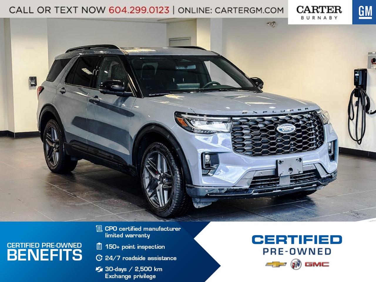 Discover the perfect blend of power, technology, and style in this 2025 Ford Explorer. Its 2.3L EcoBoost I-4 engine with auto start-stop delivers impressive performance and efficiency, while its confident towing capability is ideal for small to mid-size travel trailers, boats and jet skis, utility trailers, ATVs, or snowmobiles. Inside, enjoy premium comfort with a heated leather steering wheel, voice-activated navigation, and a 10-speaker sound system. Drive with added confidence thanks to advanced safety features like Blind Spot Information, Rear Cross-Traffic Braking, and an Aerial View Camera System.

Come take it for a test drive today and experience all this stylish vehicle has to offer!

WHY CARTER GM BURNABY?

- An unrivalled vehicle purchasing experience!
- Exceeding our loyal customers expectations since 1963
- 4.5 Google star rating (with 2,175+ customer reviews)
- Cargurus Top-rated Dealer 2025 Award
- Cargurus Top Value Dealer 2025 Award
- Peace of mind - 150-point vehicle inspection
- CARFAX - full vehicle service history - purchase with confidence!
- Vehicle trades welcome! Best price guaranteed!
- We provide upfront pricing, zero hidden fees, and 100% transparency
- Fast approvals and 99% acceptance rates (no matter your current credit status!)
- Multilingual staff (many languages spoken)
- Comfortable non-pressured environment with in-store television, WIFI and a childrens play area!
- In-store restaurant: fresh daily menu





Were here to help you drive the vehicle you want, the vehicle you deserve!
QUESTIONS? GREAT! WEVE GOT ANSWERS!
To speak with a friendly vehicle specialist - CALL NOW!
The advertised price includes all standard dealer fees and any applicable manufacturer or dealer incentives. It does not include applicable taxes, licensing, insurance, or optional products or services. Dealer fees will be clearly broken out and itemized on the bill of sale, maximum total of fees $595.00. Prices are shown in Canadian dollars. While we make every effort to ensure accuracy, vehicle details, pricing, options, and availability are subject to change without notice. Please confirm all information with dealership sales management before purchase. Dealer Code: D5505